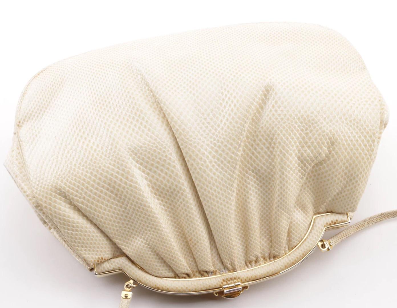 Beige Judith Leiber Cream Karung Skin Handbag-Rose Quartz Cabochon Clasp For Sale
