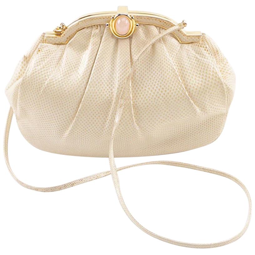 Judith Leiber Cream Karung Skin Handbag-Rose Quartz Cabochon Clasp For Sale