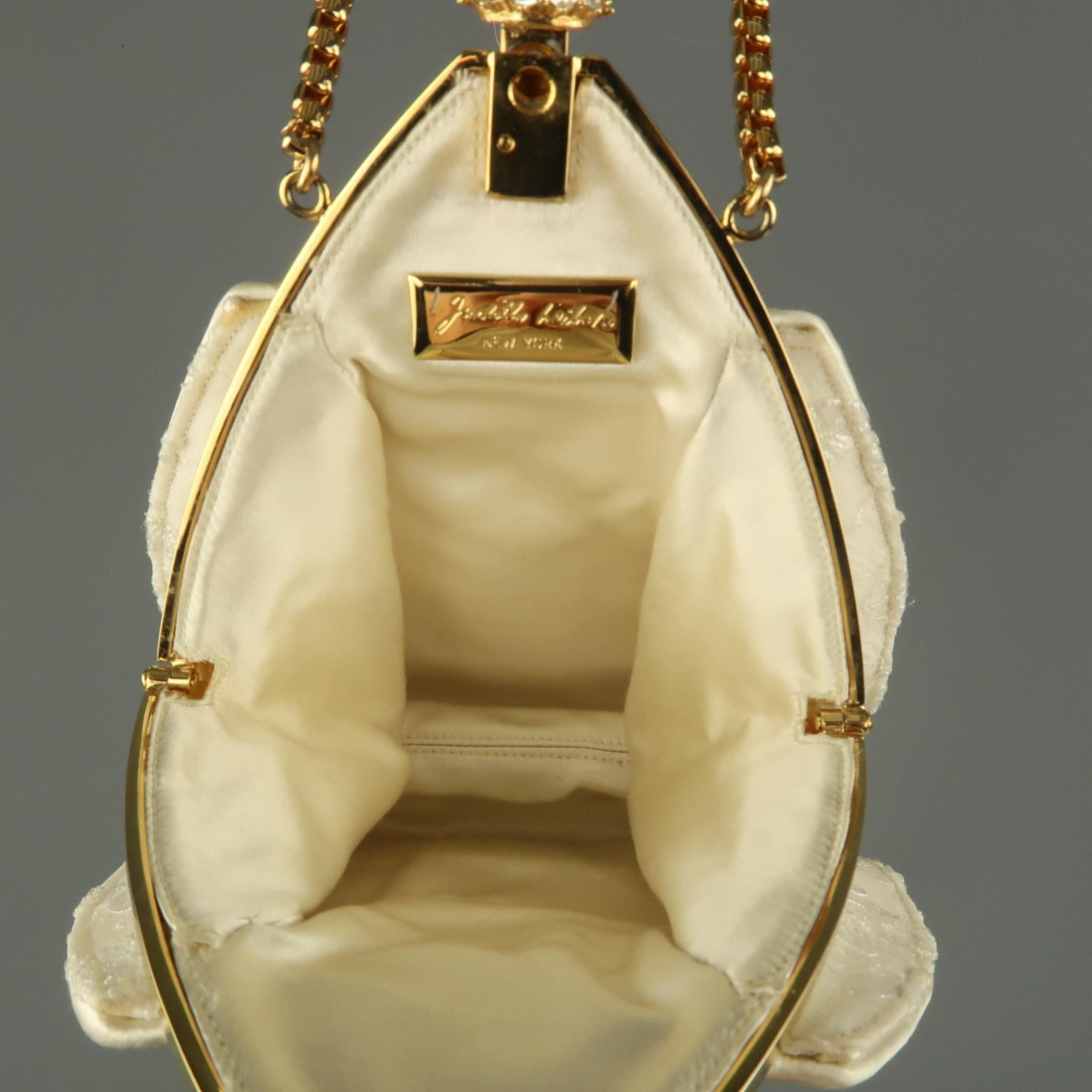 JUDITH LEIBER Cream Lace Textured Silk Crystal Gold Chain Evening Handbag 7