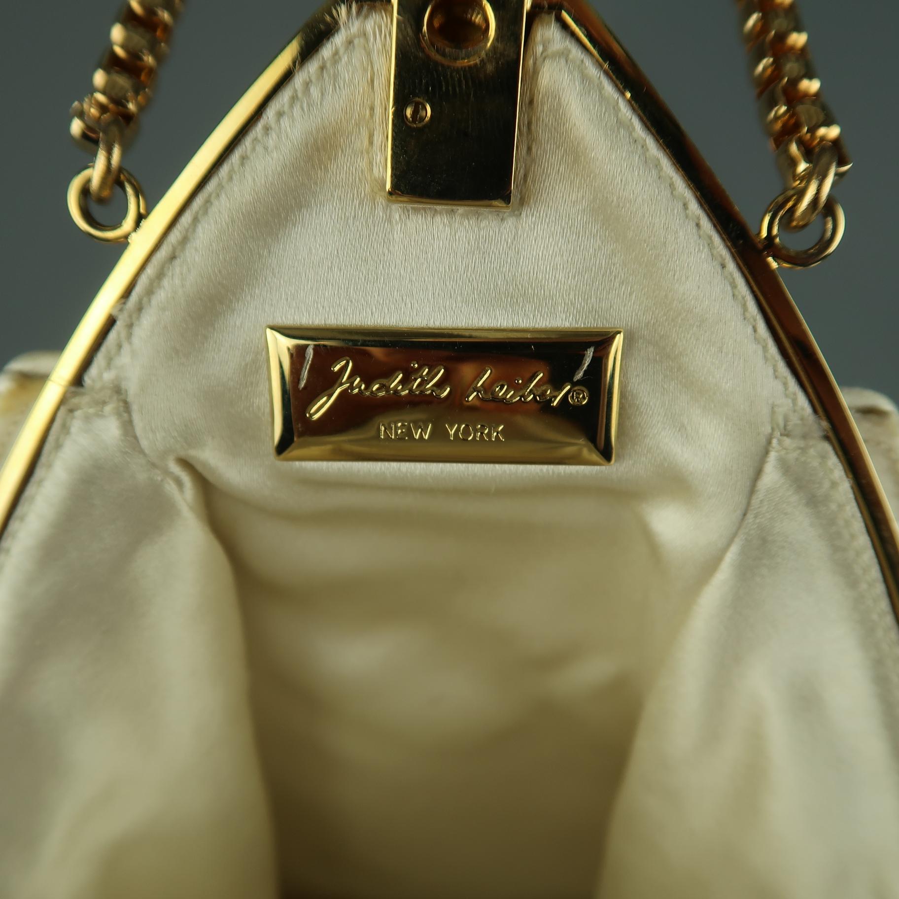 JUDITH LEIBER Cream Lace Textured Silk Crystal Gold Chain Evening Handbag 8