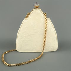 JUDITH LEIBER Cream Lace Textured Silk Crystal Gold Chain Evening Handbag