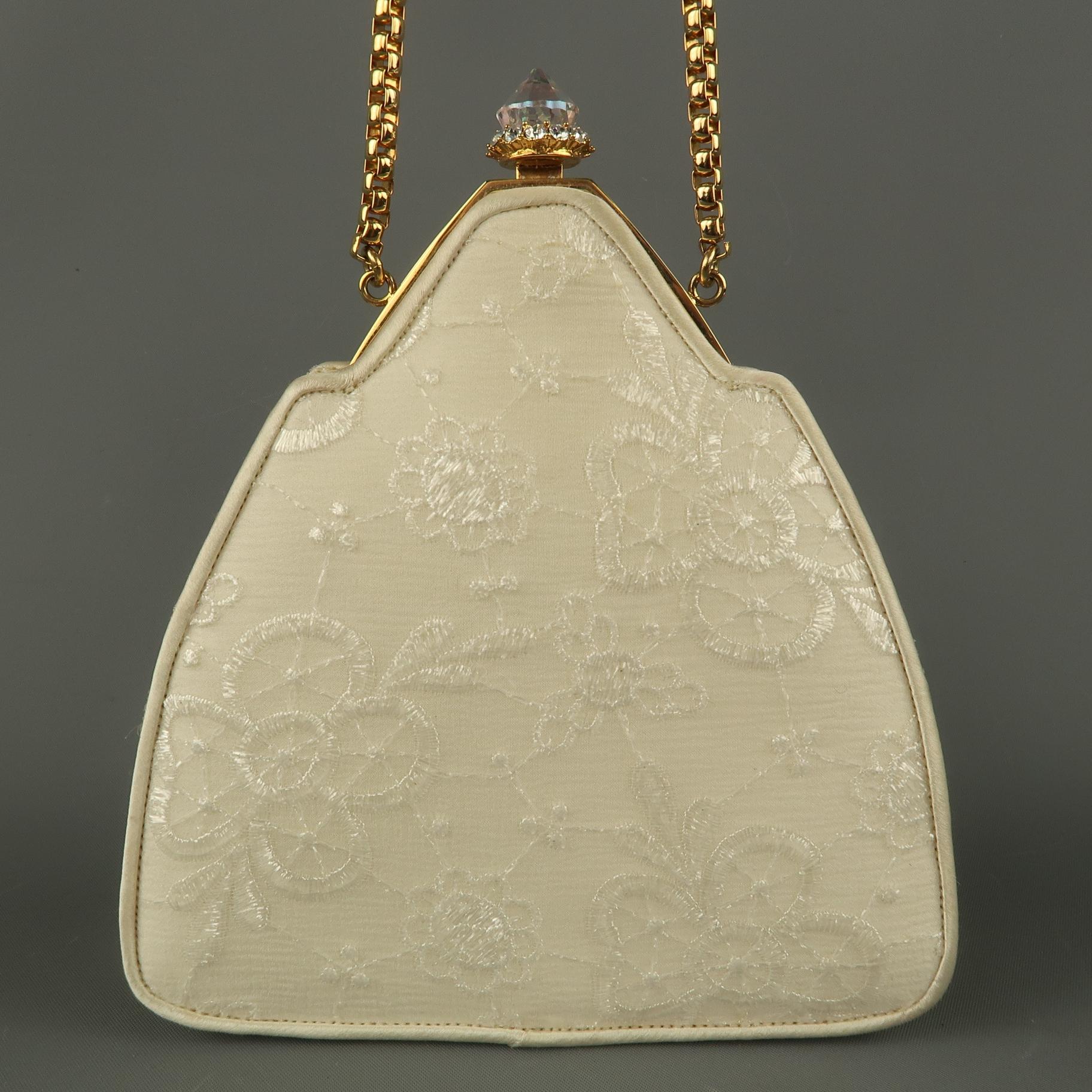 JUDITH LEIBER Cream Lace Textured Silk Crystal Gold Chain Evening Handbag In Excellent Condition In San Francisco, CA