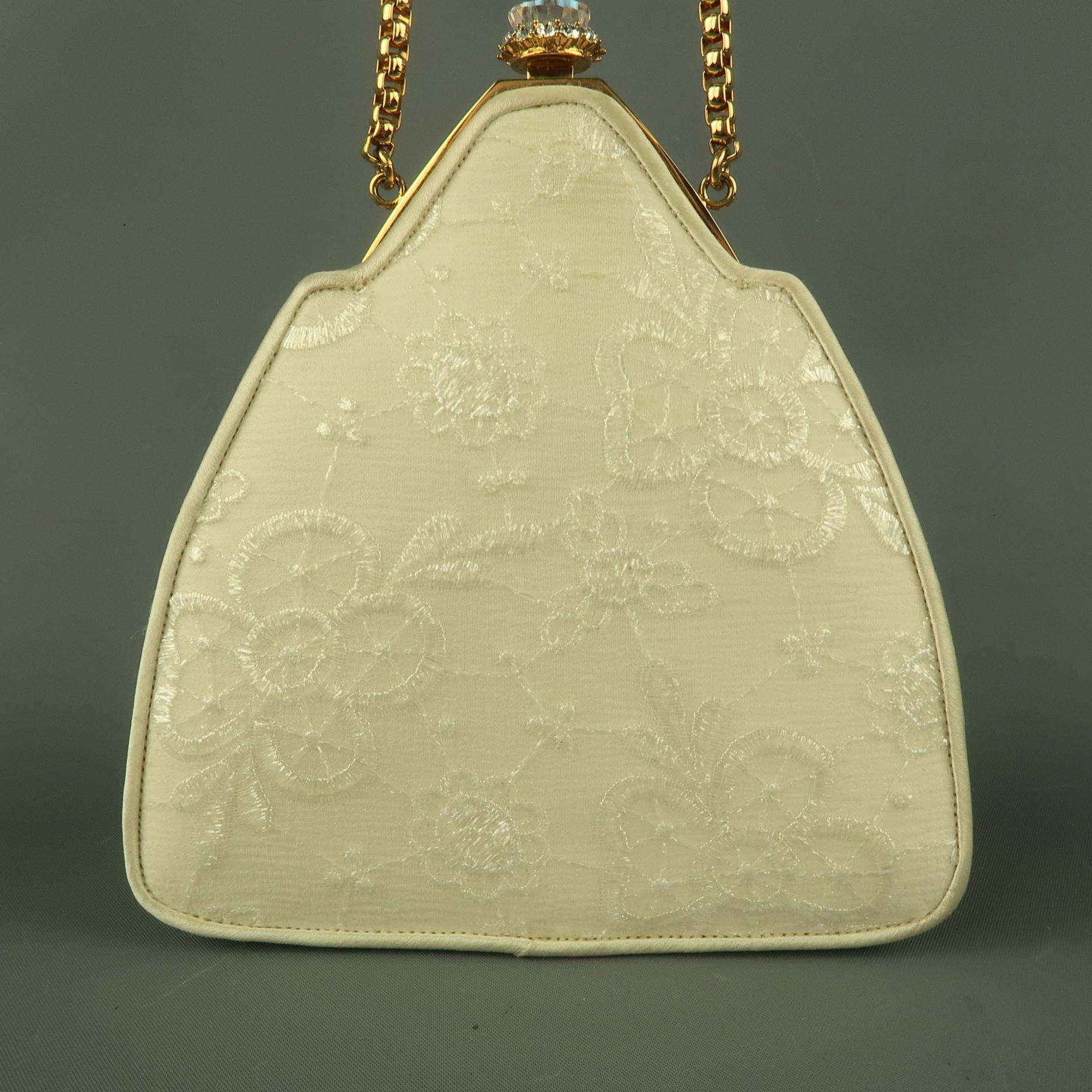 Women's JUDITH LEIBER Cream Lace Textured Silk Crystal Gold Chain Evening Handbag