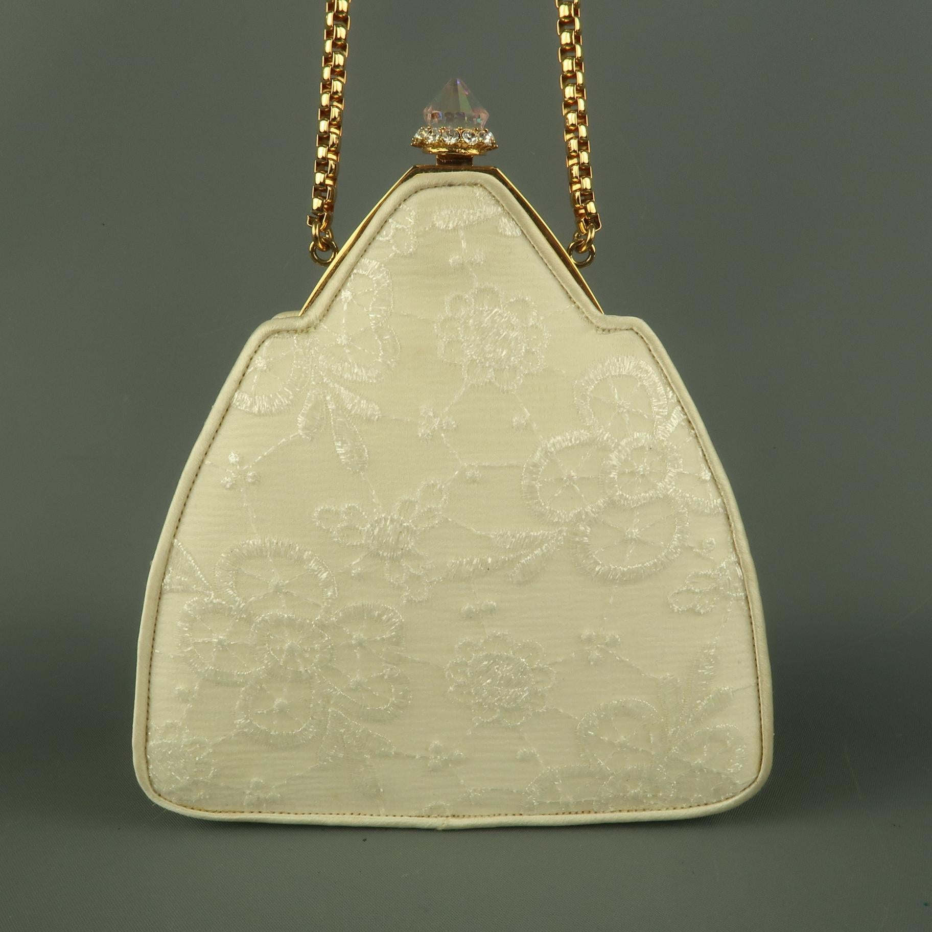 JUDITH LEIBER Cream Lace Textured Silk Crystal Gold Chain Evening Handbag 3
