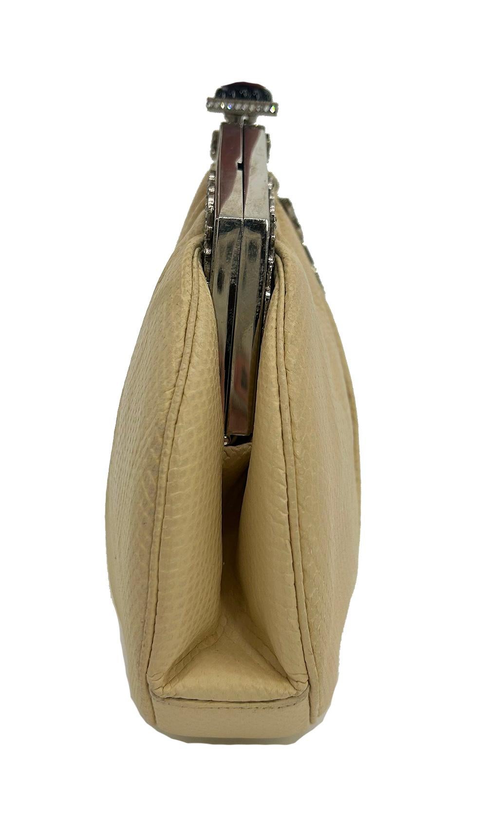 Brown Judith Leiber Cream Matte Lizard Clutch with Enamel Crystal Top For Sale