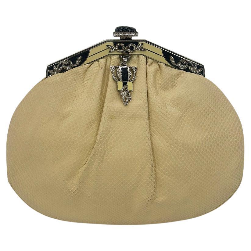 Judith Leiber Cream Matte Lizard Clutch with Enamel Crystal Top For Sale