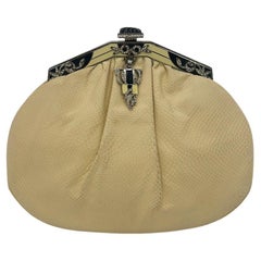 Judith Leiber Cream Matte Lizard Clutch with Enamel Crystal Top