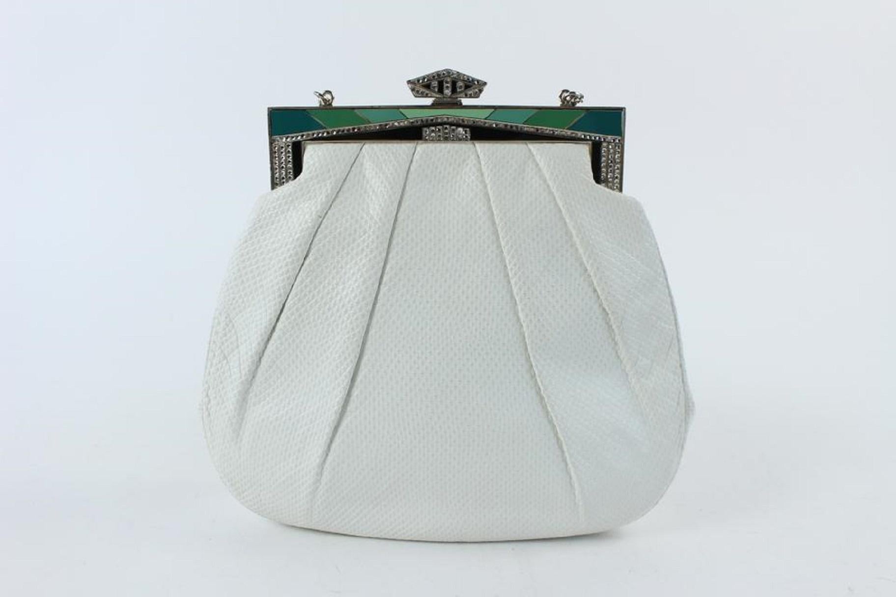 Gray Judith Leiber Crossbody Karung Crystal 16mz0724 White Lizard Skin Leather  For Sale