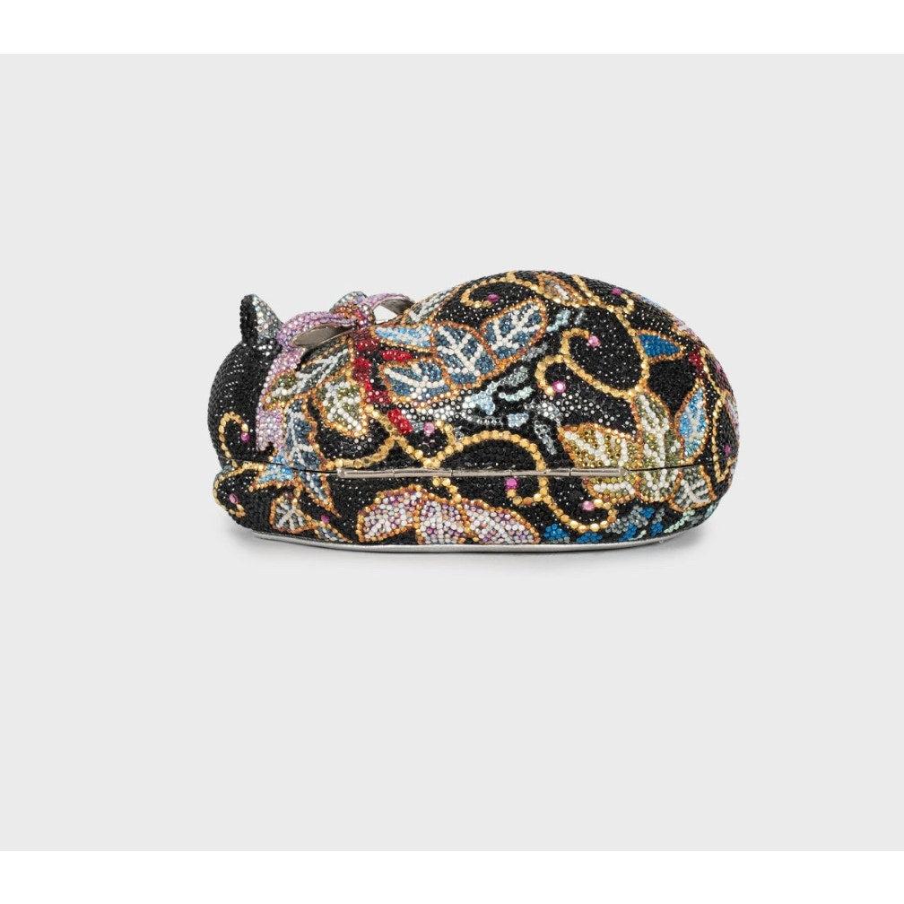 Nero Pochette Minaudière con gatto di cristallo Judith Leiber in vendita