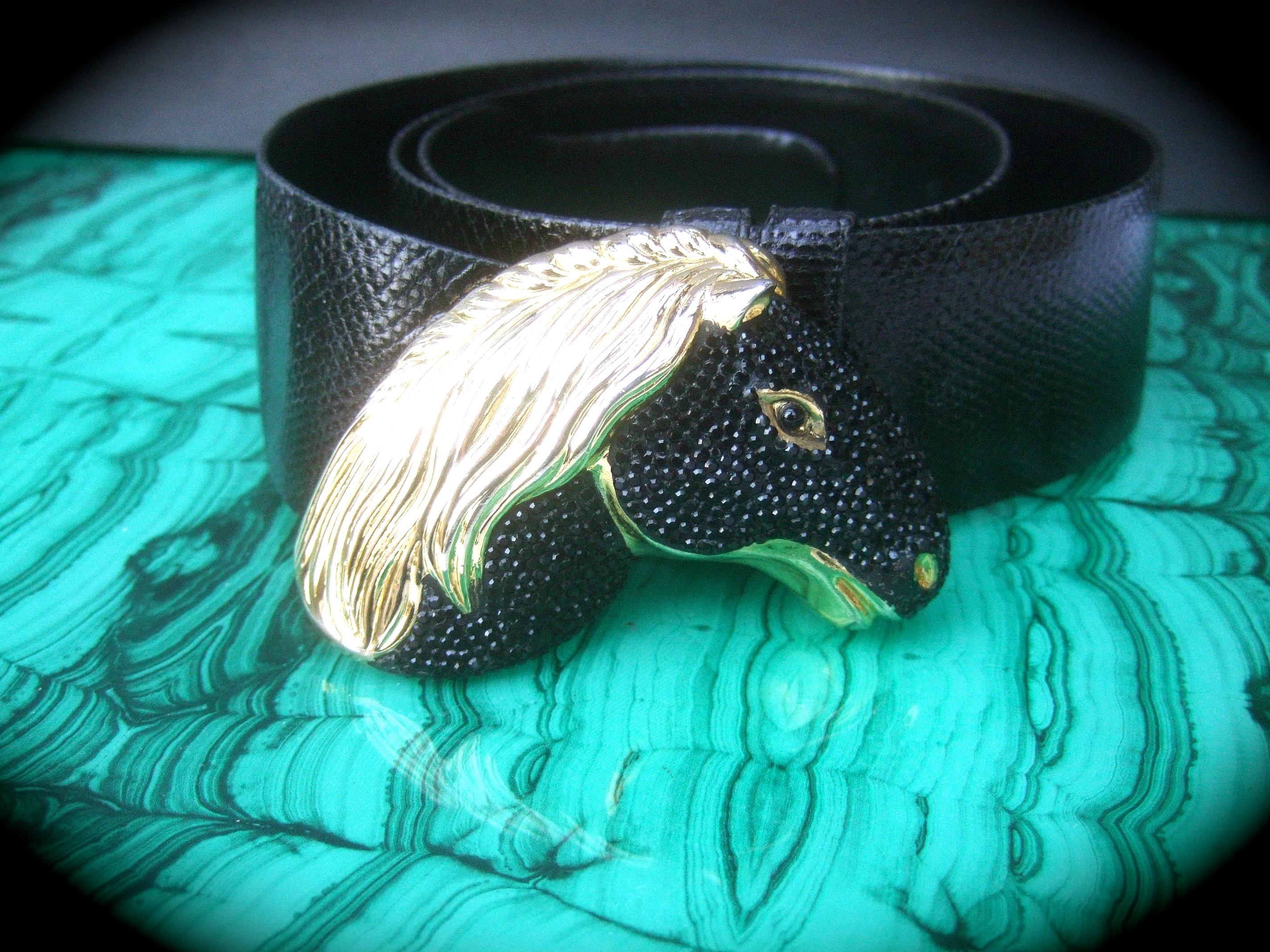Judith Leiber Crystal Equine Black Leather Belt circa 1980s  In Good Condition In University City, MO