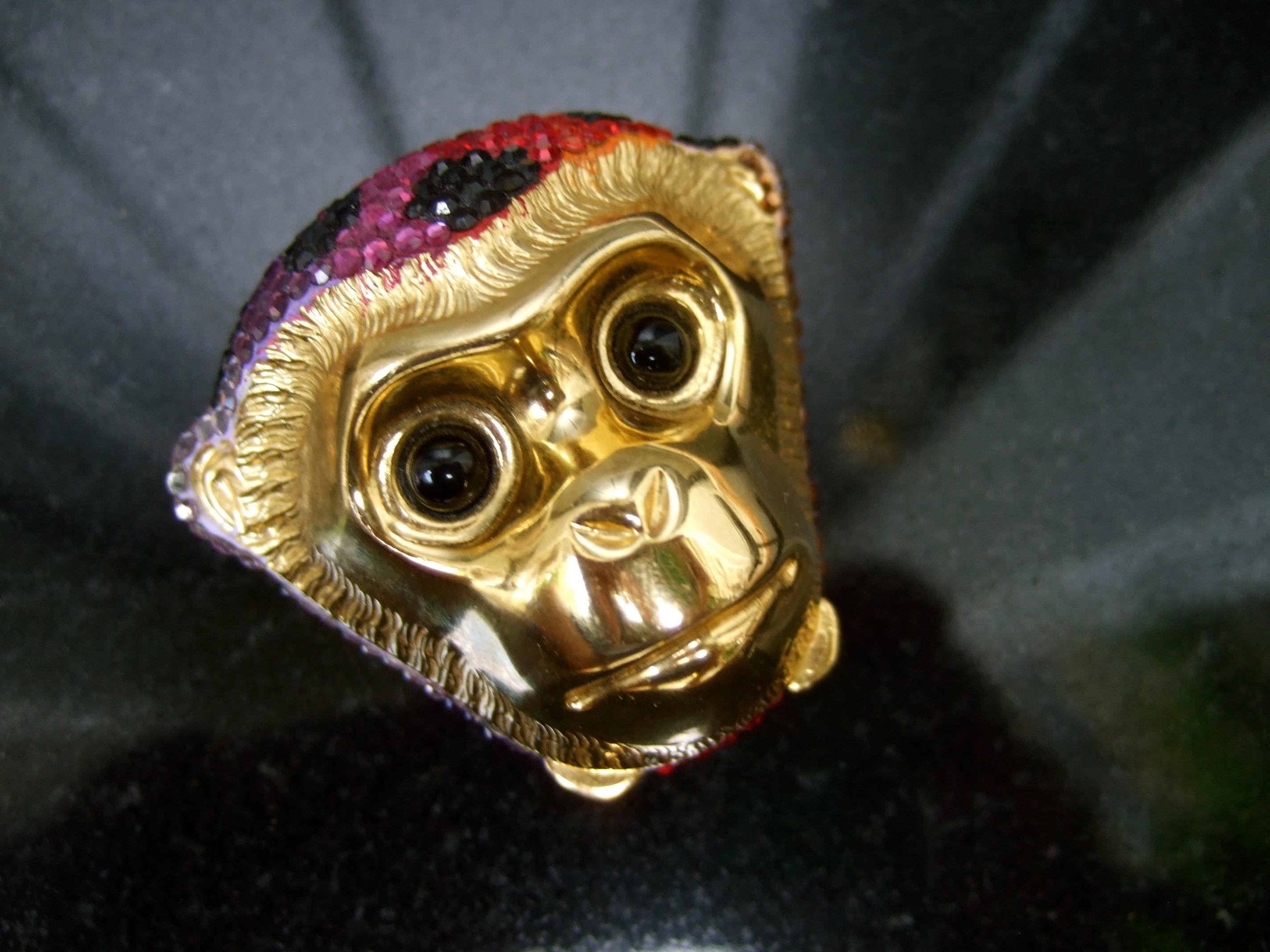 Brown Judith Leiber Crystal Glass Jeweled Tiny Hinged Monkey Pill Box c 1980s For Sale