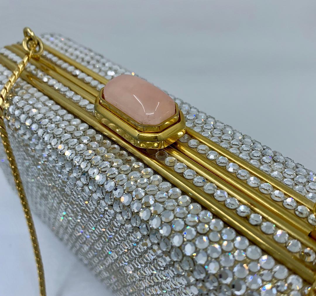 Gray Judith Leiber Crystal Minaudiere Evening Clutch With Rose Quartz Cabochon Clasp