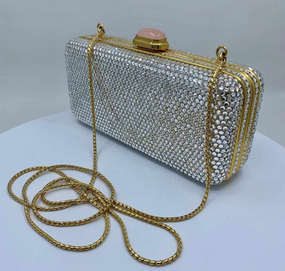 Judith Leiber Crystal Minaudiere Evening Clutch With Rose Quartz Cabochon Clasp In Good Condition In Tustin, CA