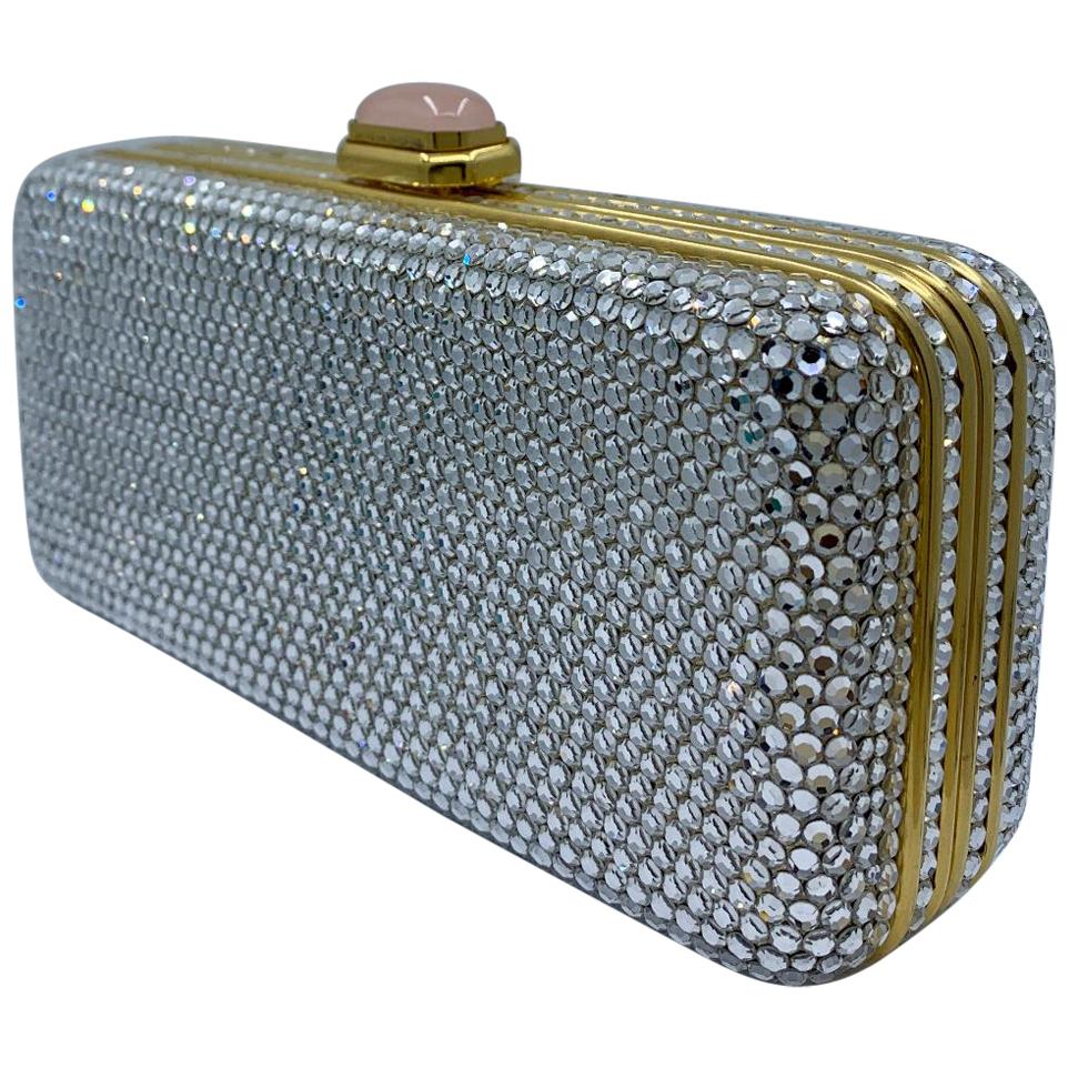 Judith Leiber Crystal Minaudiere Evening Clutch With Rose Quartz Cabochon Clasp