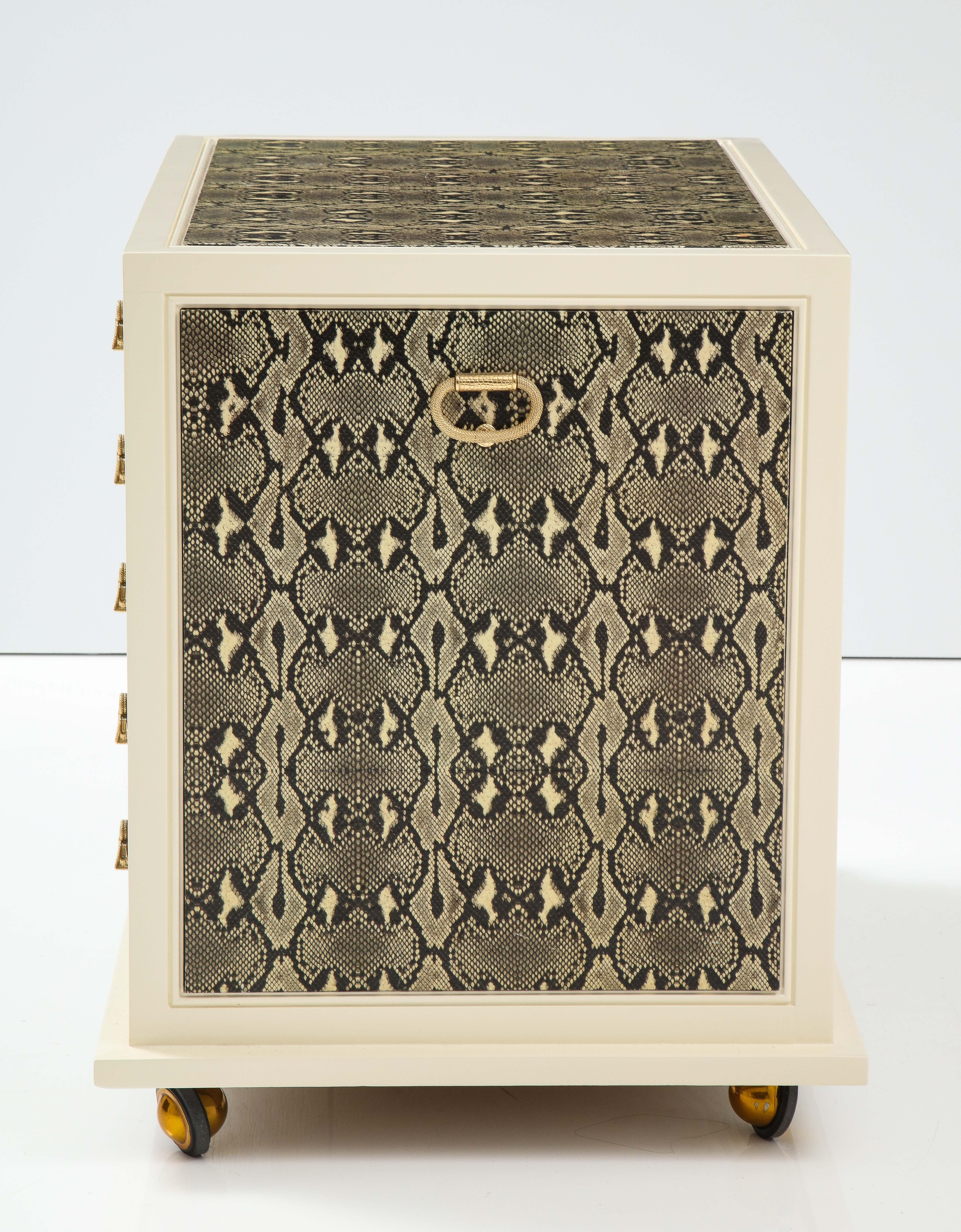 Brass Judith Leiber Custom Designed Snakeskin Cabinet. For Sale