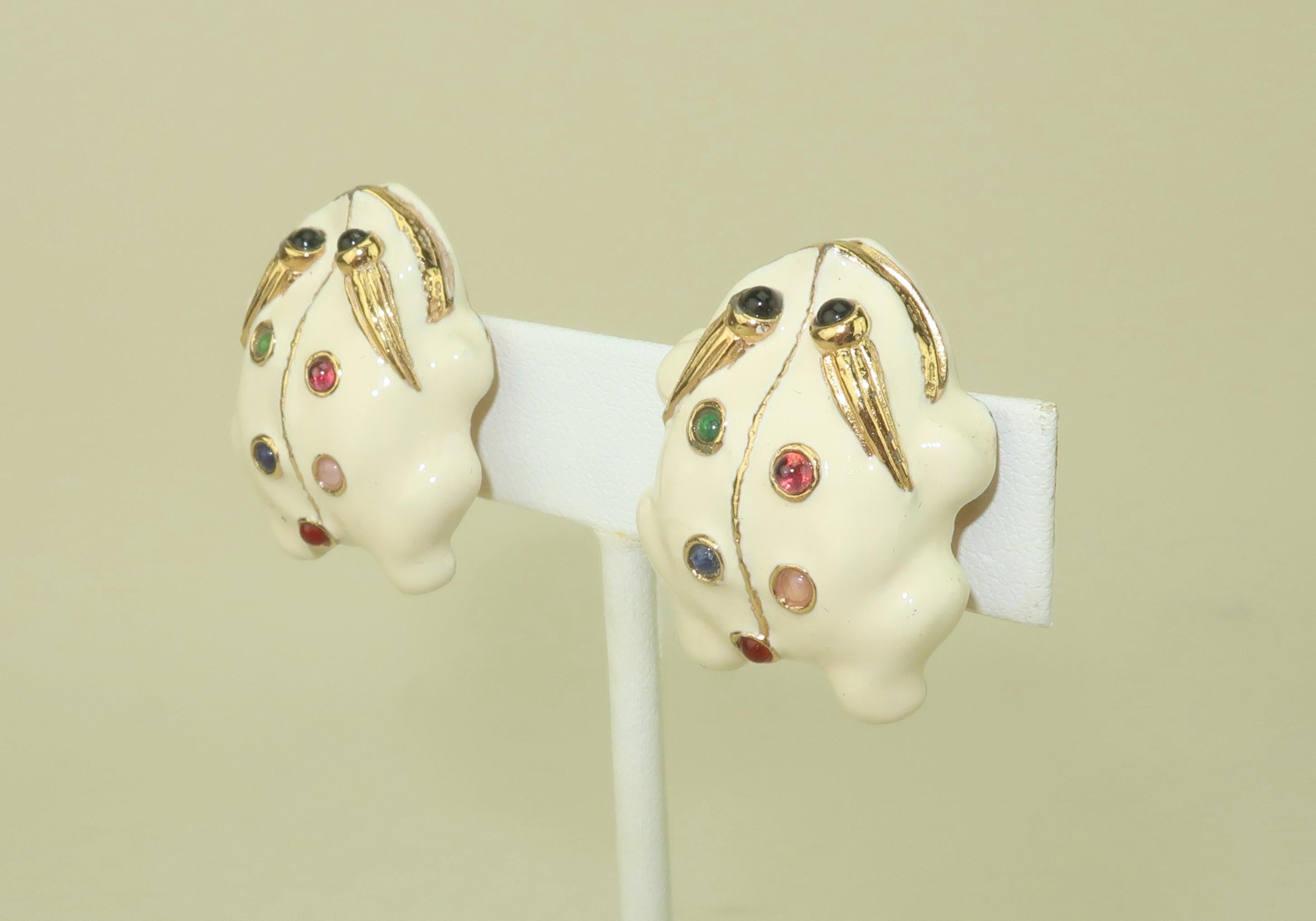 Modern JUDITH LEIBER Enamel Frog Earrings With Glass Cabochon Stones For Sale