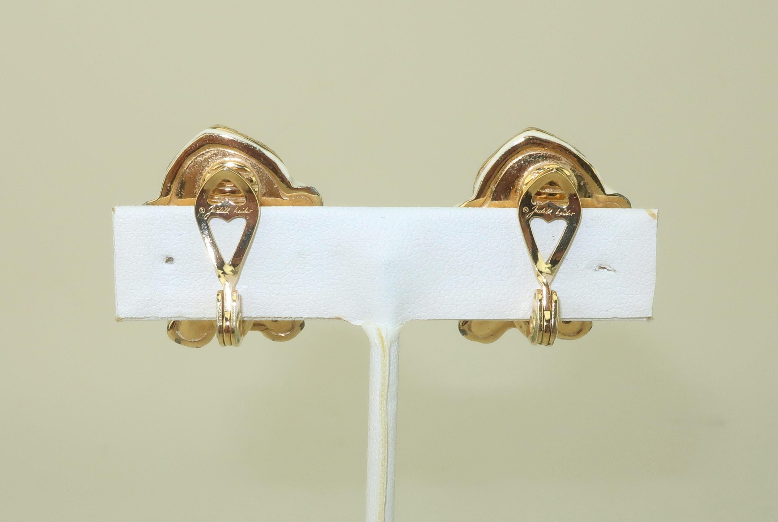 JUDITH LEIBER Enamel Frog Earrings With Glass Cabochon Stones In Good Condition For Sale In Atlanta, GA