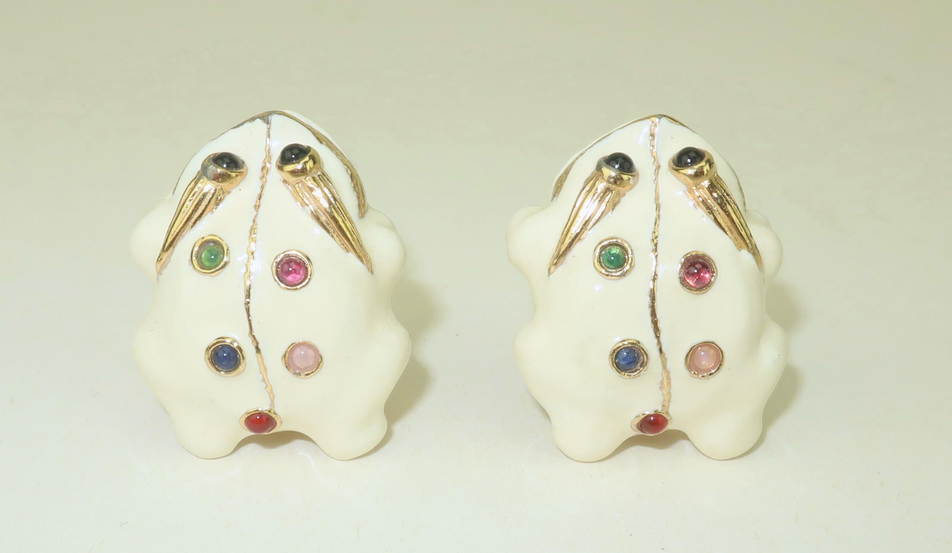 Women's JUDITH LEIBER Enamel Frog Earrings With Glass Cabochon Stones For Sale