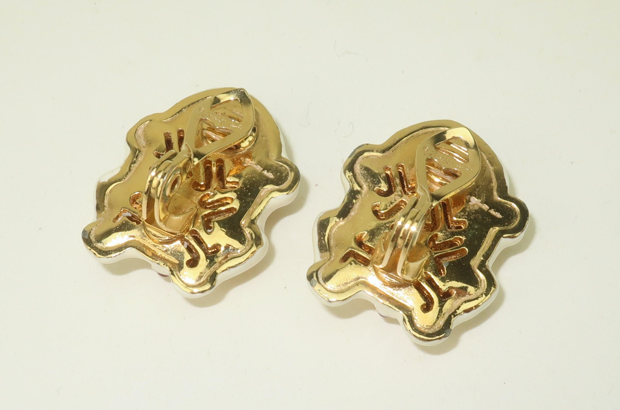 JUDITH LEIBER Enamel Frog Earrings With Glass Cabochon Stones For Sale 2
