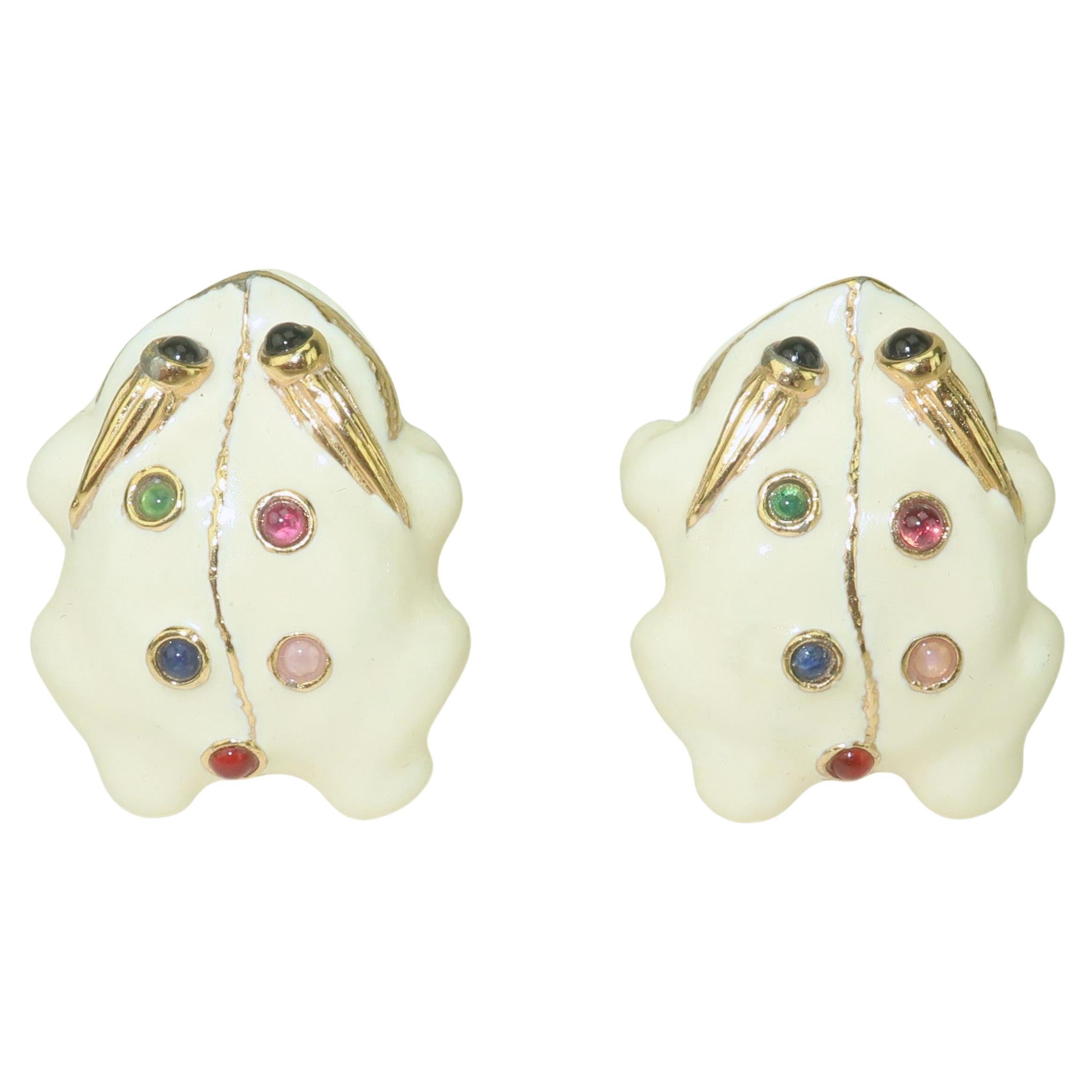 JUDITH LEIBER Enamel Frog Earrings With Glass Cabochon Stones For Sale
