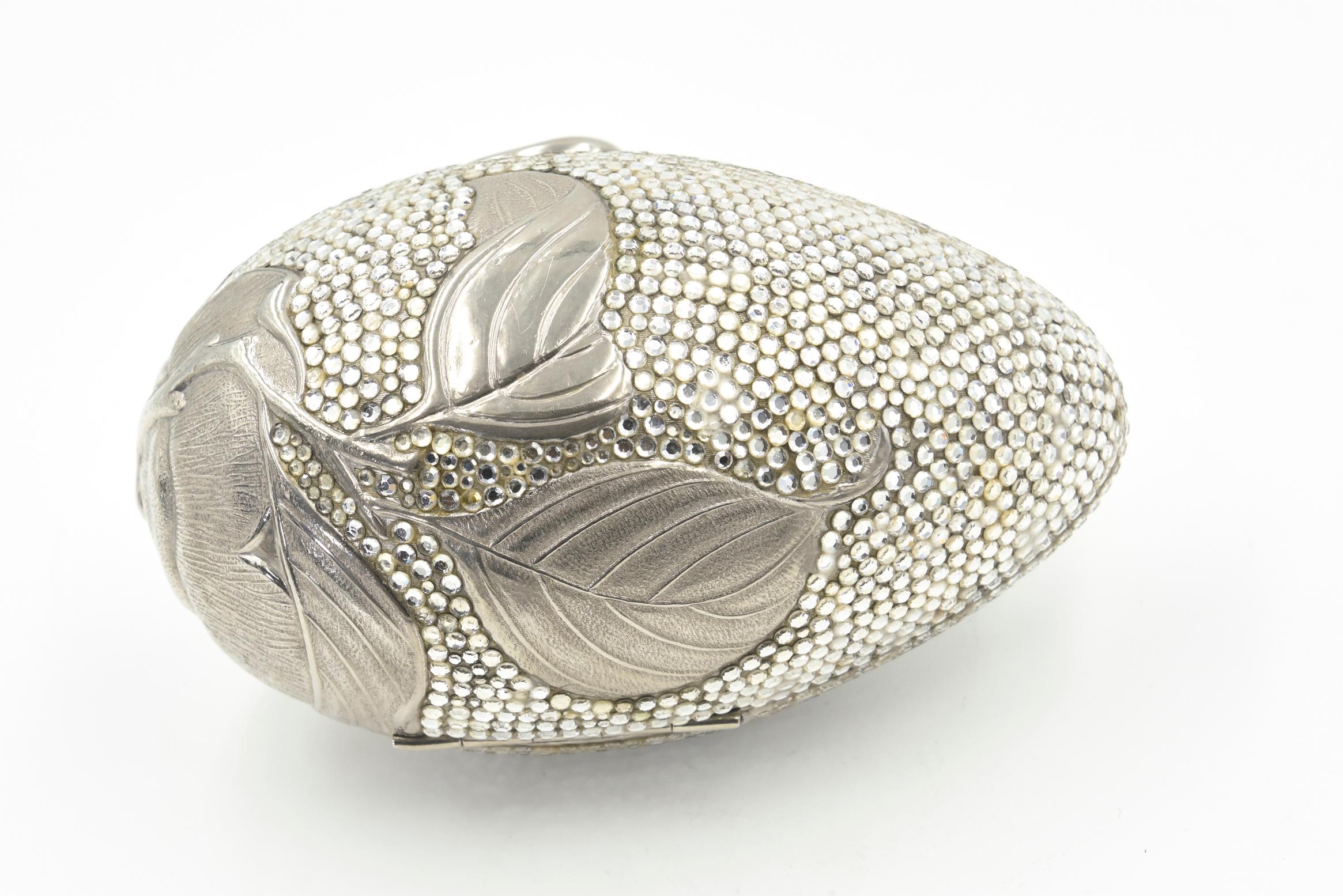 Beige Judith Leiber Floral & Insect Oval Silver Crystal Minaudière Evening Bag