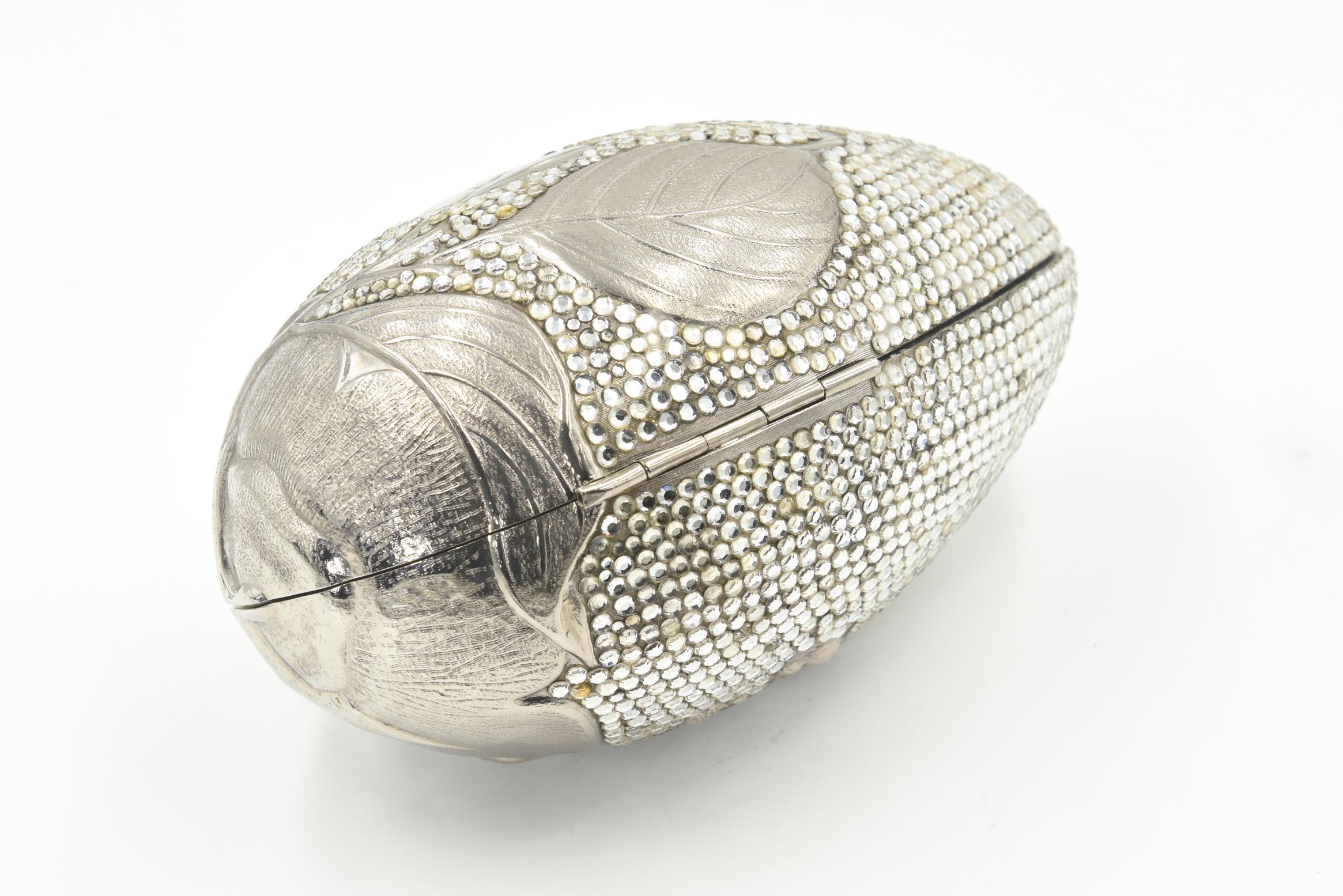Judith Leiber Floral & Insect Oval Silver Crystal Minaudière Evening Bag In Good Condition In Miami Beach, FL