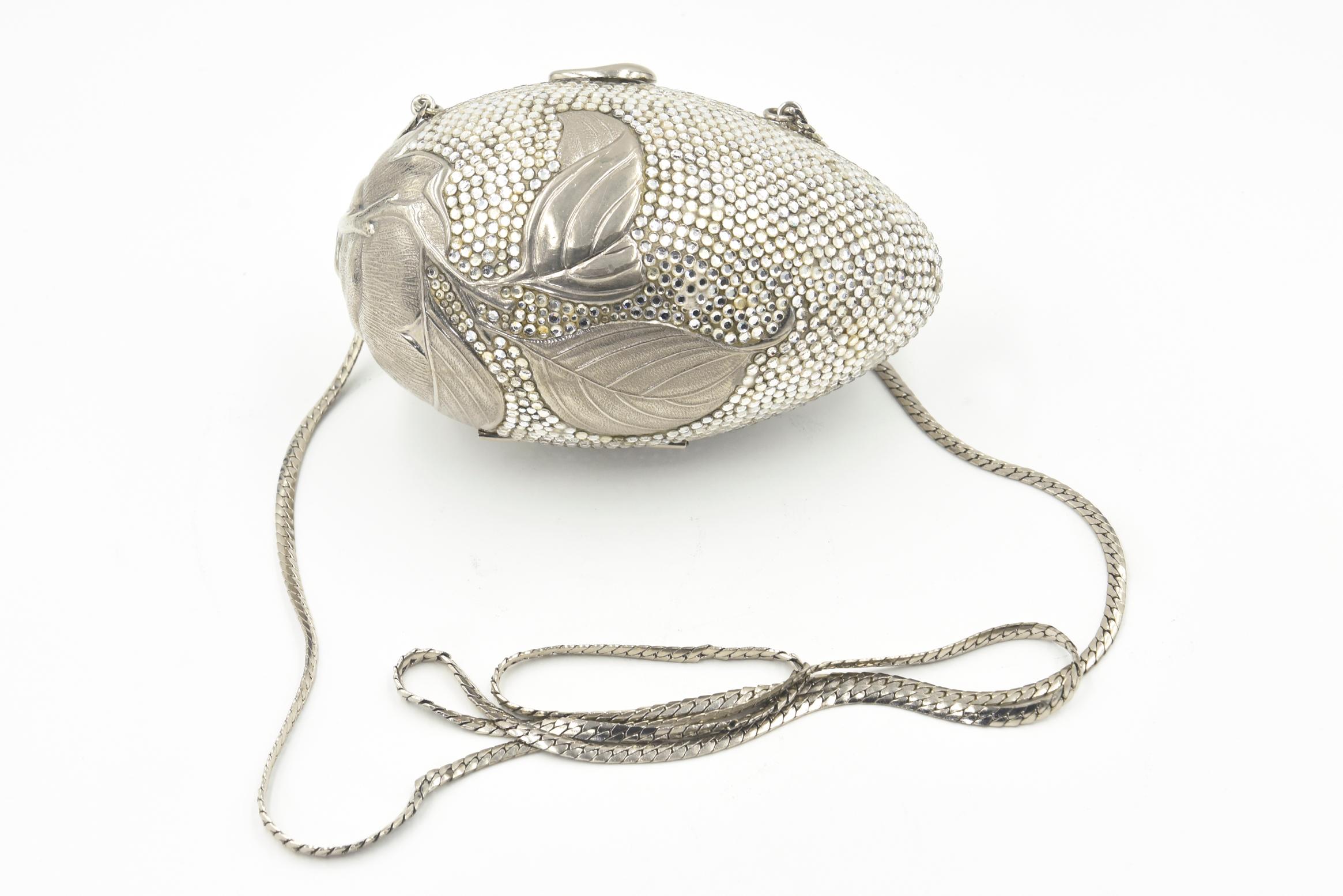 Judith Leiber Floral & Insect Oval Silver Crystal Minaudière Evening Bag 4