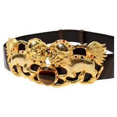 Judith Leiber Foo Dog Stone & Gold-Tone Brown Leather Vintage Waist Belt