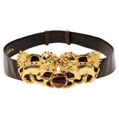Judith Leiber Foo Dog Stone & Gold-Tone Brown Leather Vintage Waist Belt