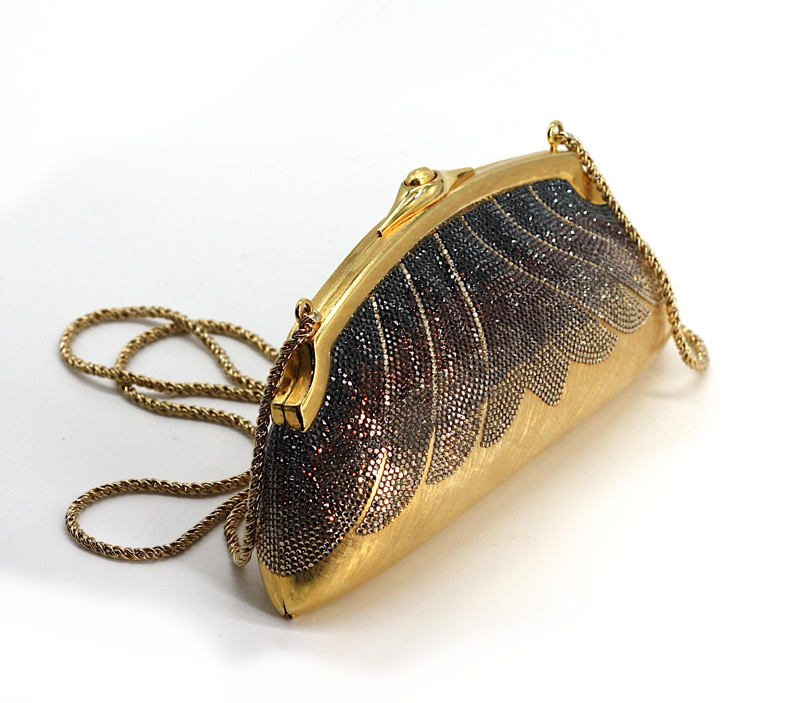 Brown Judith Leiber Gilt Metal and Crystal Evening Clutch, Prototype Signed For Sale