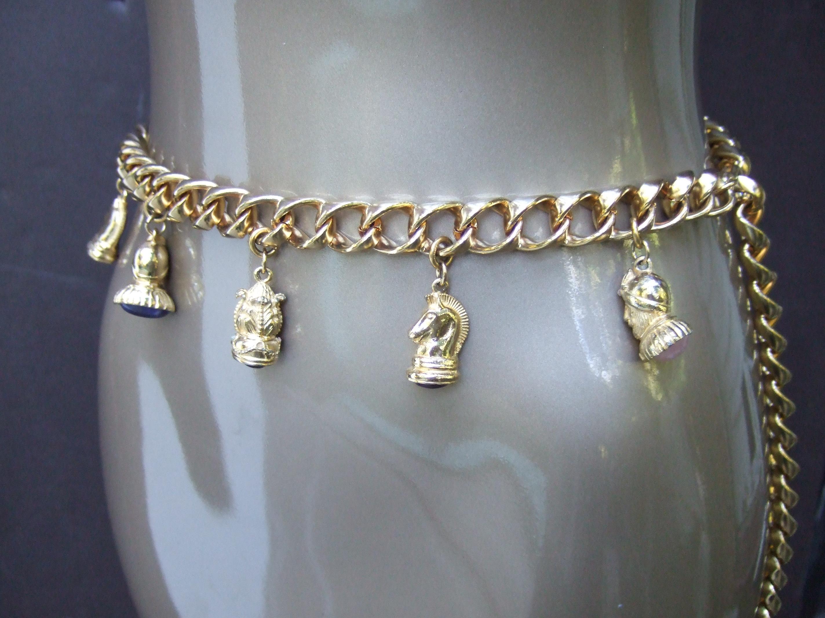 Women's Judith Leiber Gilt Metal Dangling Charm Heavy Chain Belt c 1980s For Sale