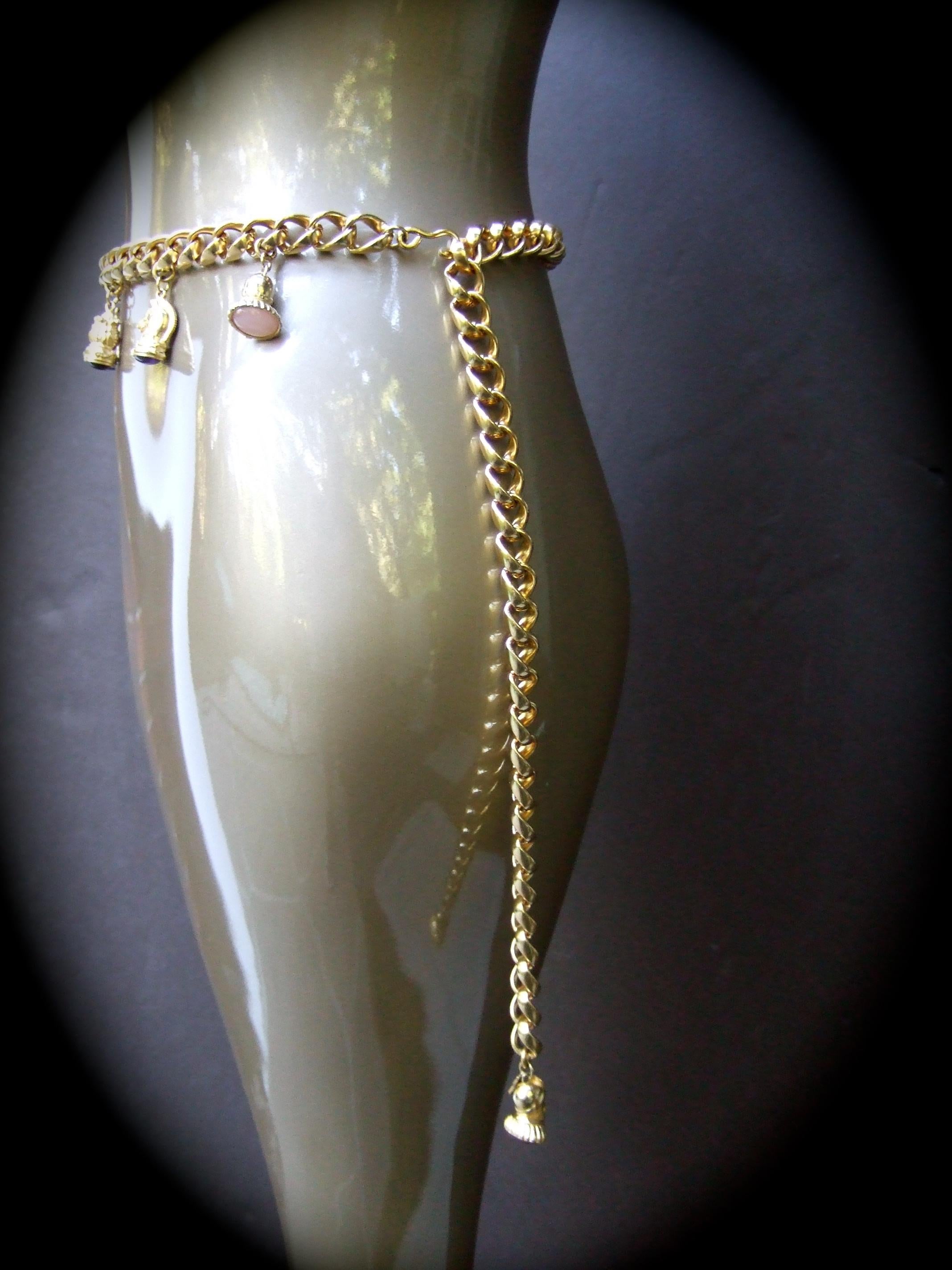 Judith Leiber Gilt Metal Dangling Charm Heavy Chain Belt c 1980s  For Sale 5