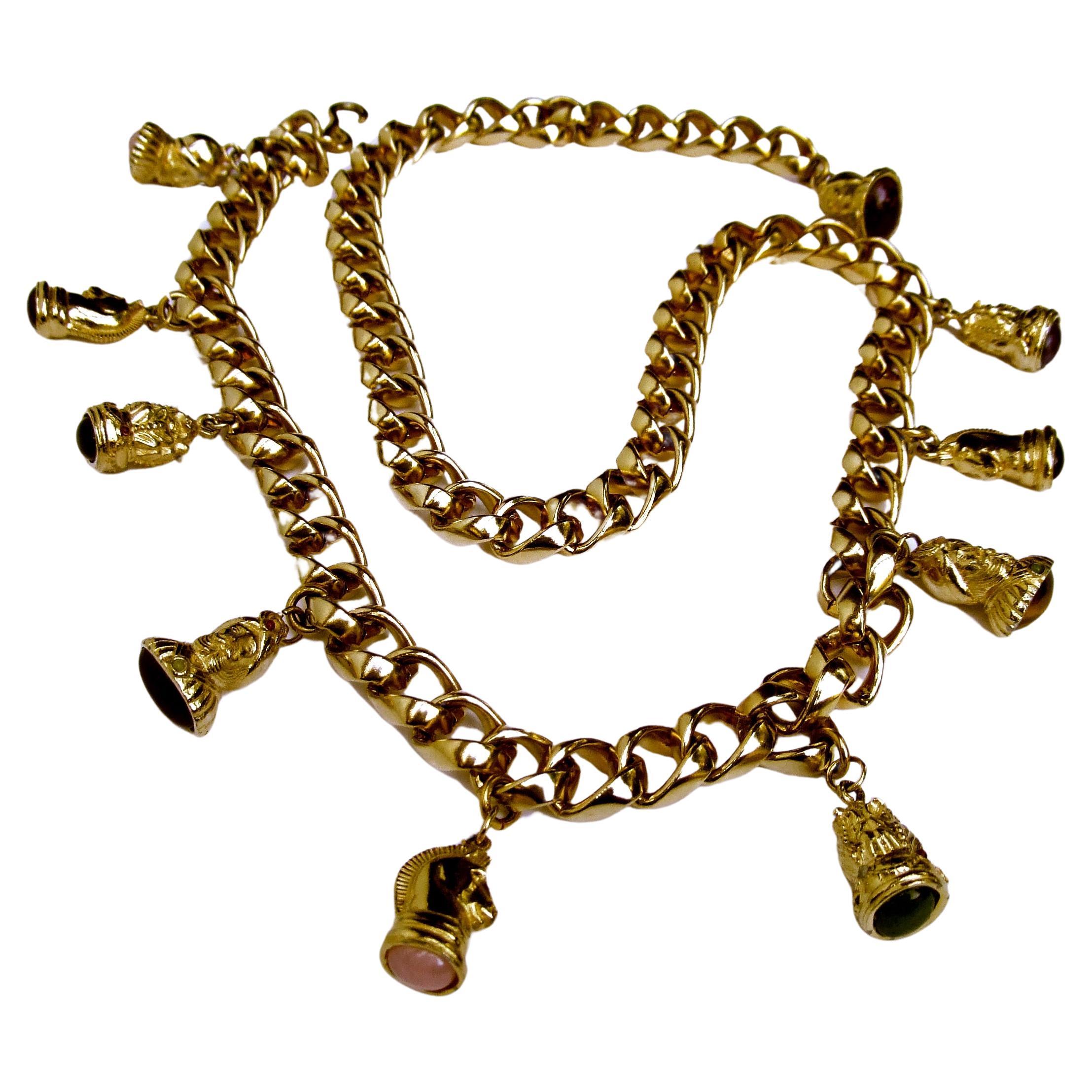 Judith Leiber Gilt Metal Dangling Charm Heavy Chain Belt c 1980s  For Sale