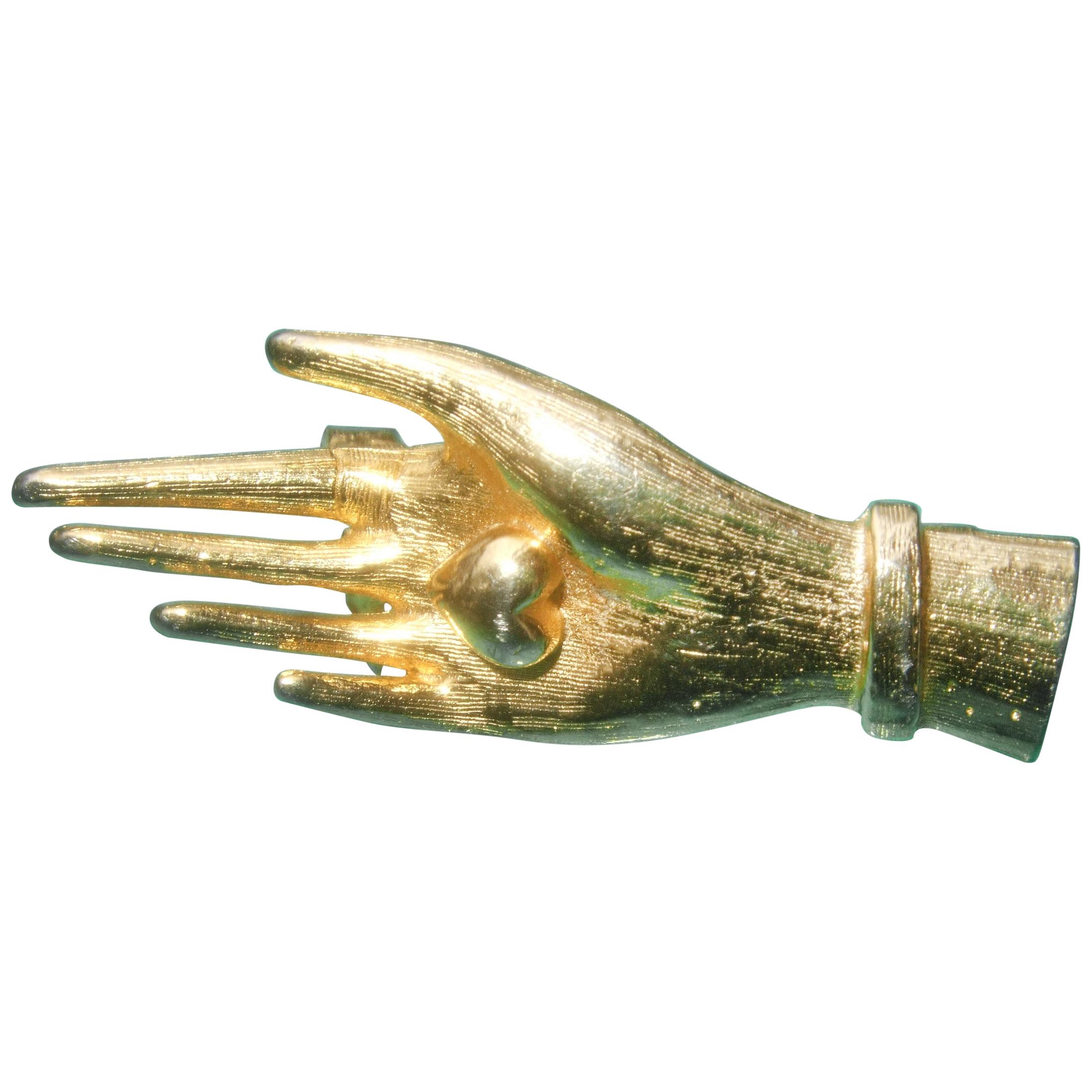 Judith Leiber Gilt Metal Diminutive Size Figural Hand Brooch c 1980s