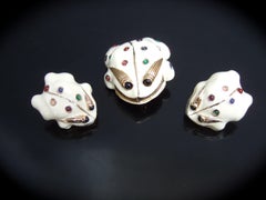 Judith Leiber Glas Cabochon Emaille Frosch Brosche & Ohrringe Set ca. 1980er Jahre