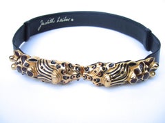 Judith Leiber Glass Jeweled Jungle Animal Black Leather Embossed Belt c 1980s