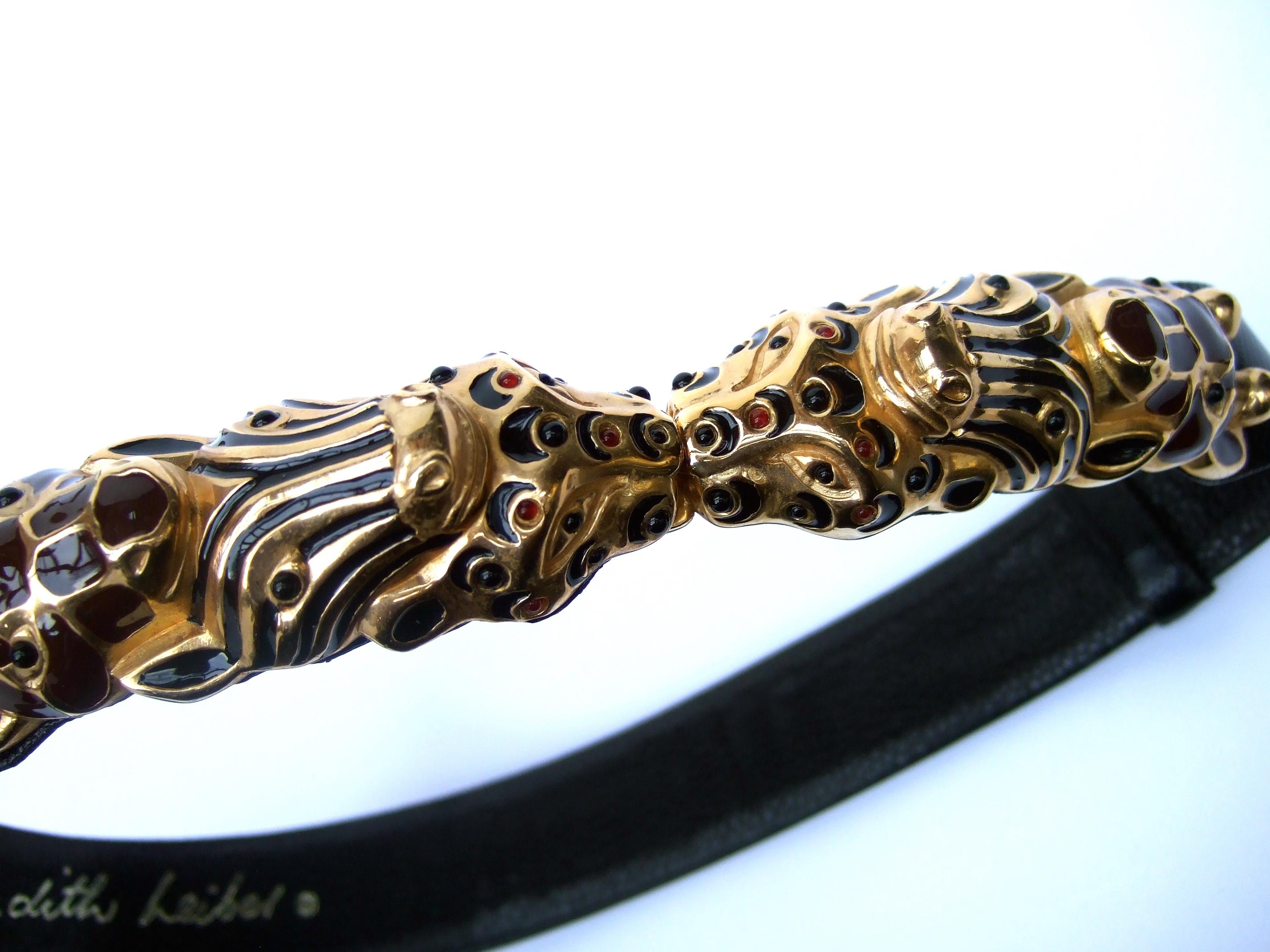 Judith Leiber Glass Jeweled Jungle Animal Black Leather Embossed Belt c 1980s In Good Condition In University City, MO