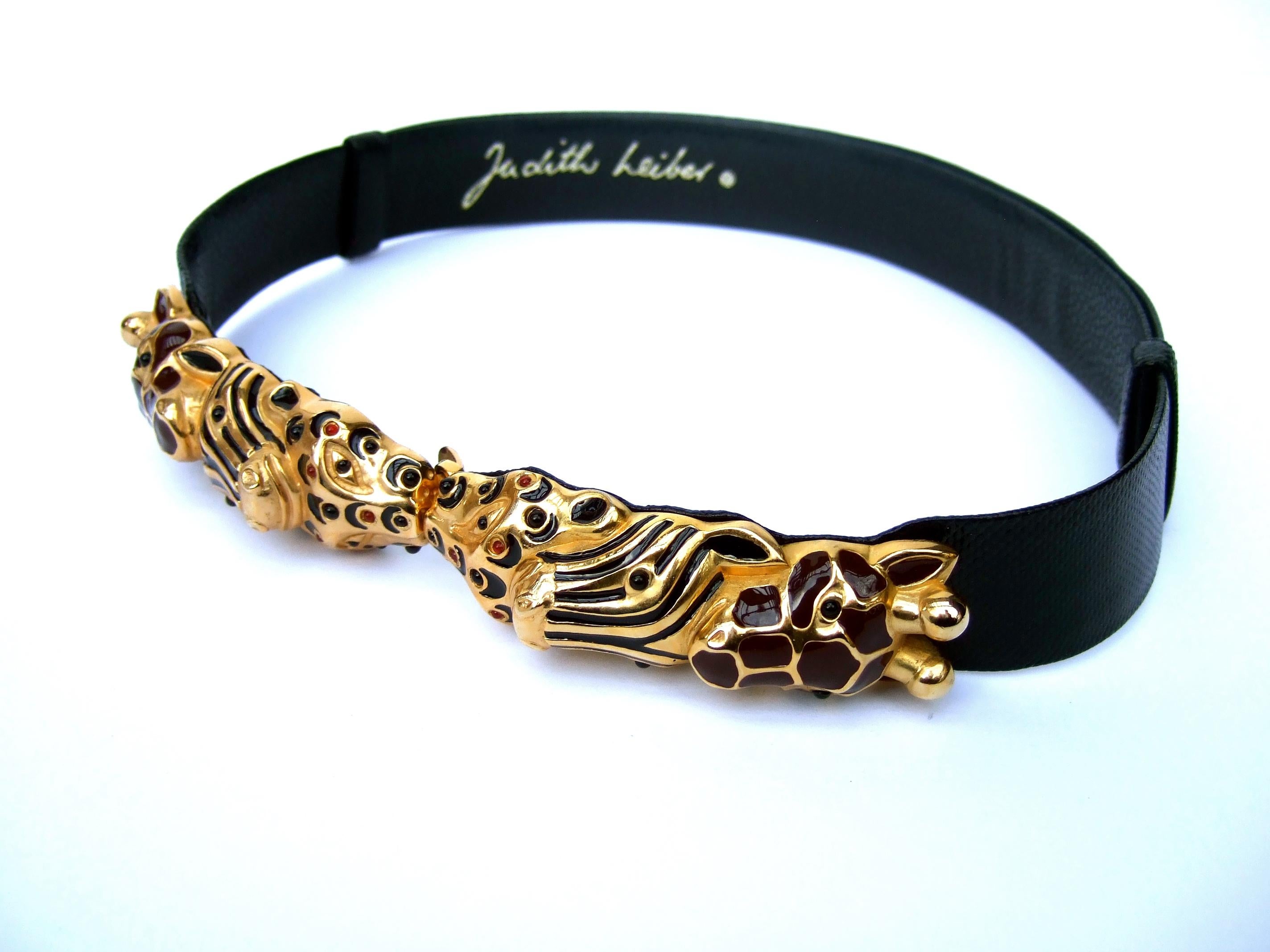 Women's Judith Leiber Glass Jeweled Jungle Animal Black Leather Embossed Belt c 1980s