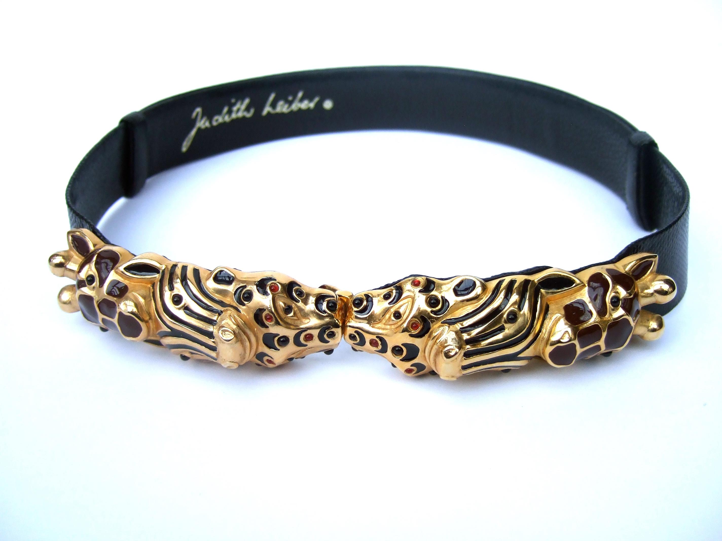 Judith Leiber Glass Jeweled Jungle Animal Black Leather Embossed Belt c 1980s 5