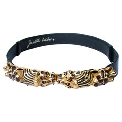 Judith Leiber Glass Jeweled Jungle Animal Black Leather Embossed Belt c 1980s