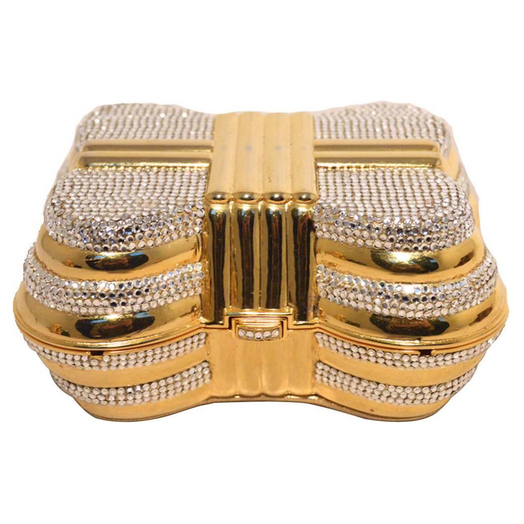 Judith Leiber Gold & Clear Swarovski Crystal Casket Minaudiere