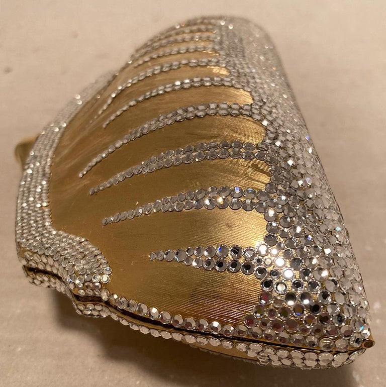 Brown Judith Leiber Gold Clear Swarovski Crystal Minaudiere For Sale