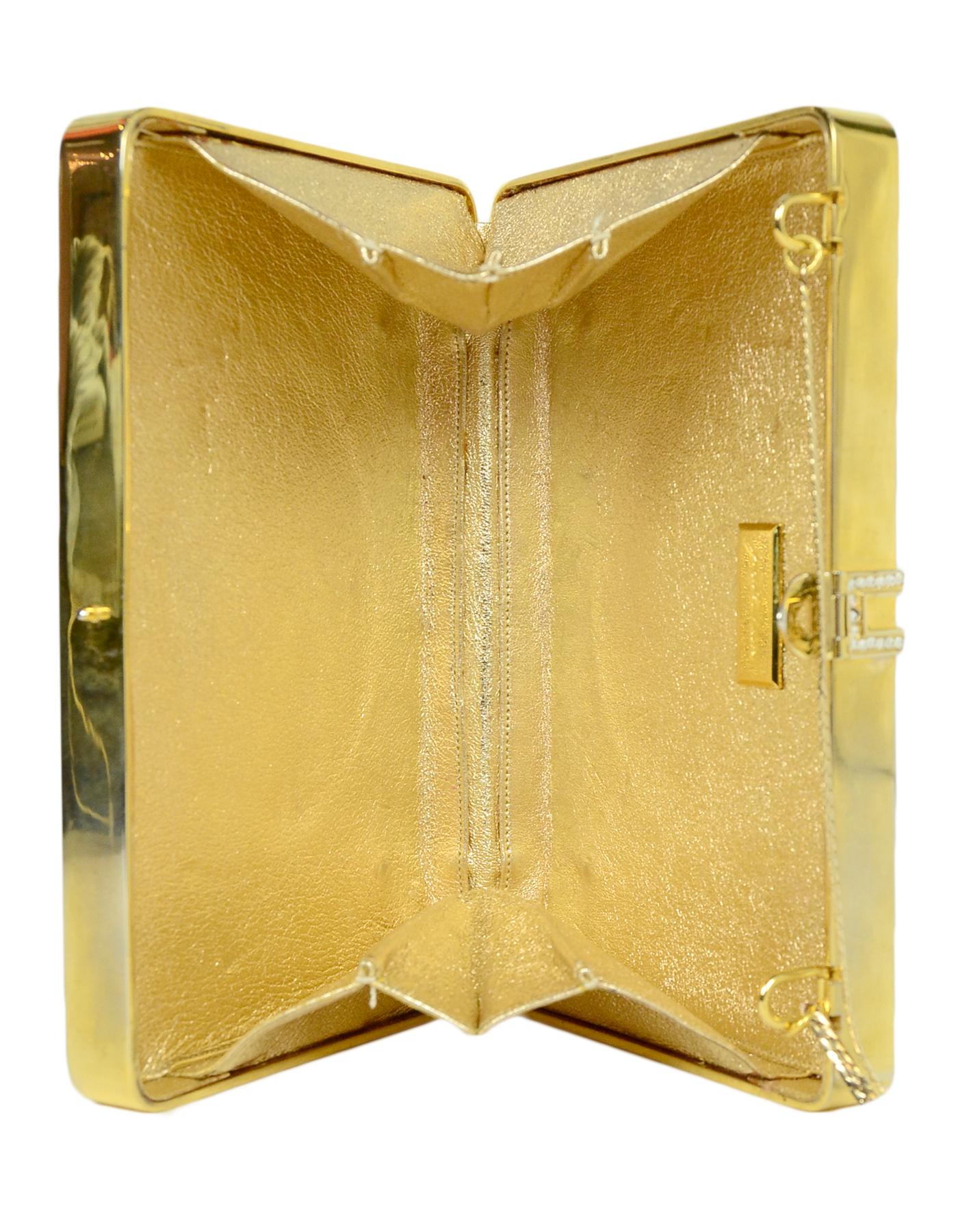 Judith Leiber Gold Leather Miniaudiere Bag with Chain Strap and Crystal Detail 7