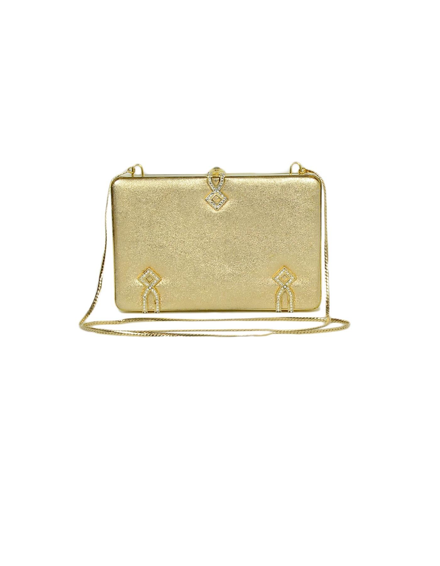 Judith Leiber Gold Leather Miniaudiere Bag with Chain Strap and Crystal Detail In Excellent Condition In New York, NY