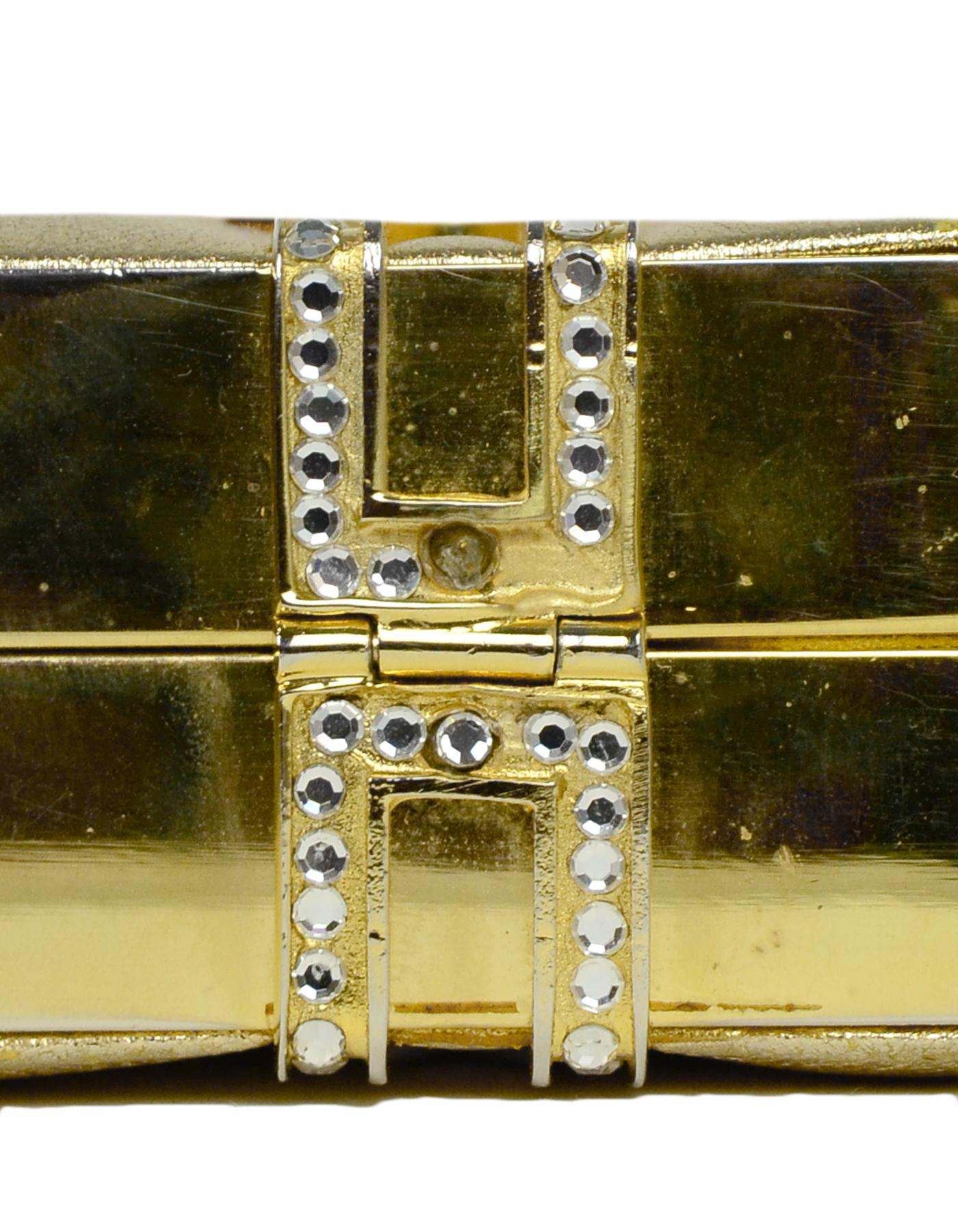 Judith Leiber Gold Leather Miniaudiere Bag with Chain Strap and Crystal Detail 5