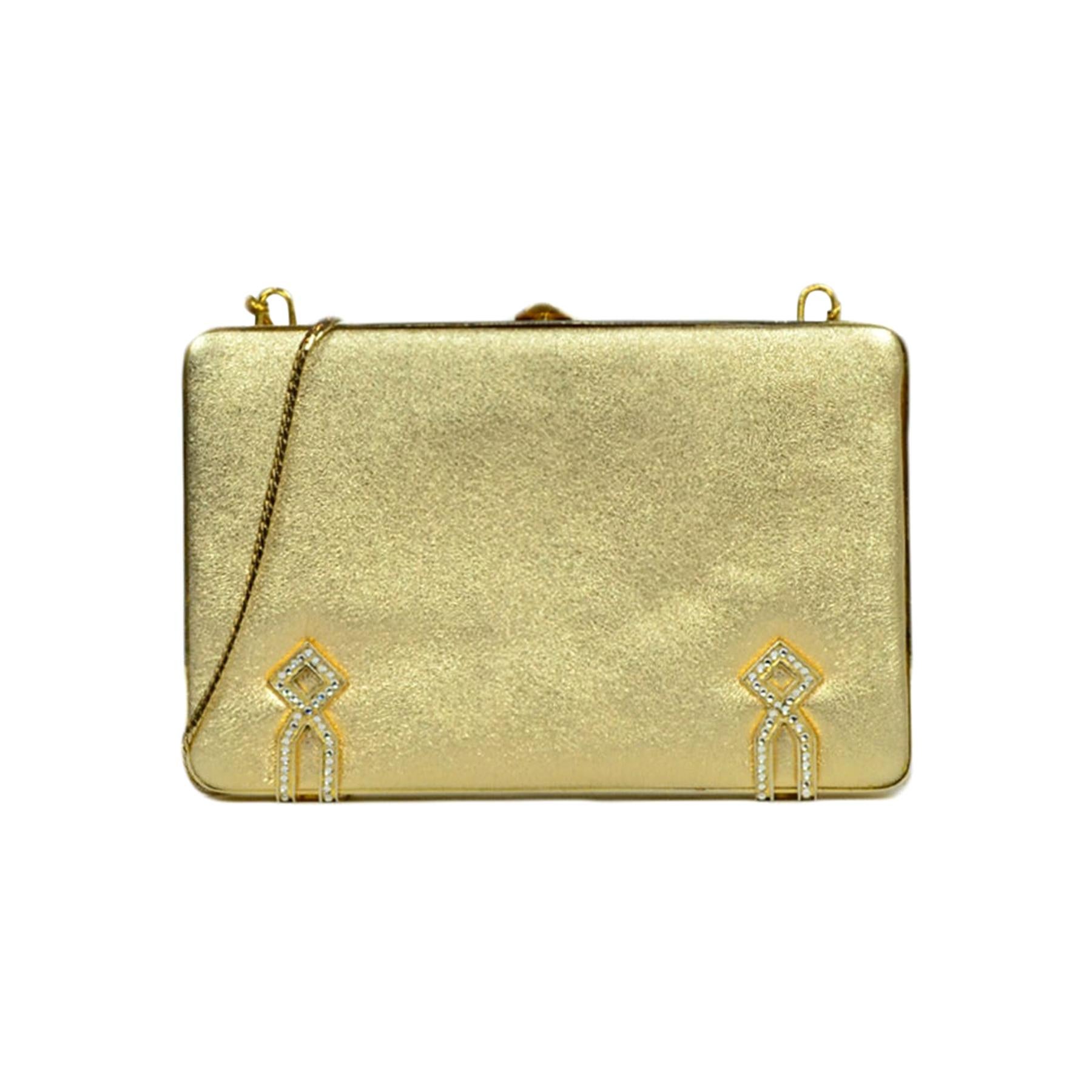 Judith Leiber Gold Leather Miniaudiere Bag with Chain Strap and Crystal Detail