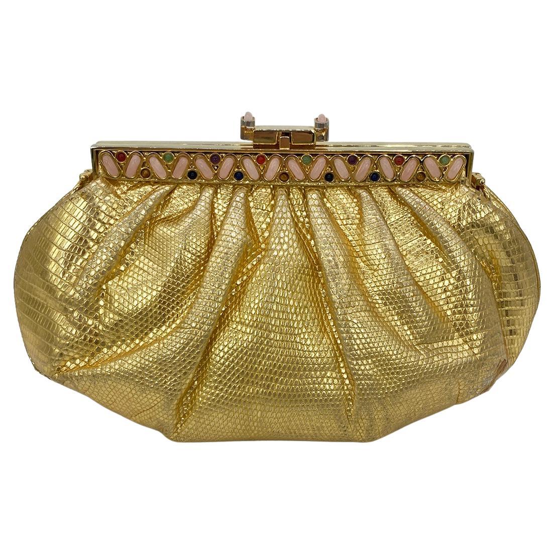 Judith Leiber Gold Lizard Gemstone Top Clutch For Sale