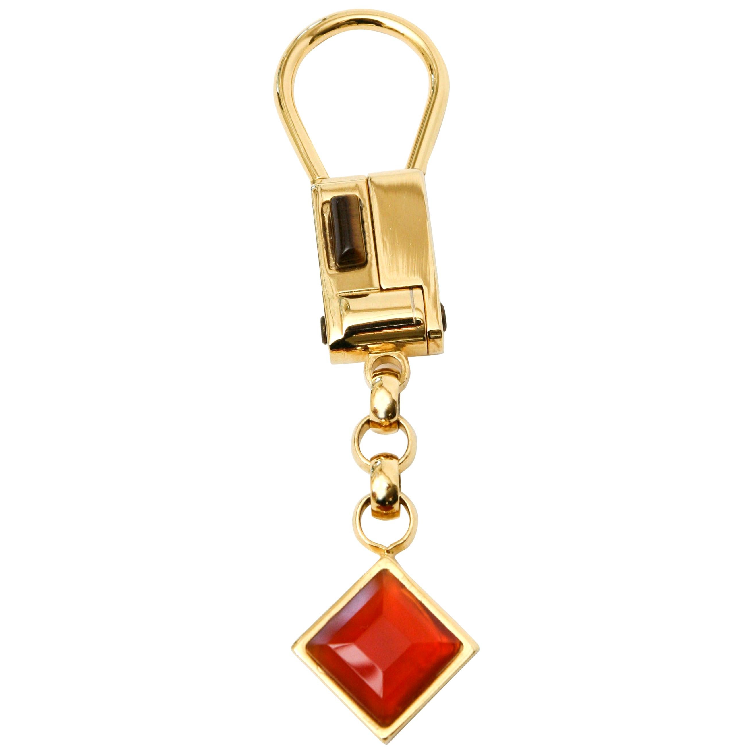 Judith Leiber Gold Plated Tiger's Eye and Carnelian Agate Key Chain 