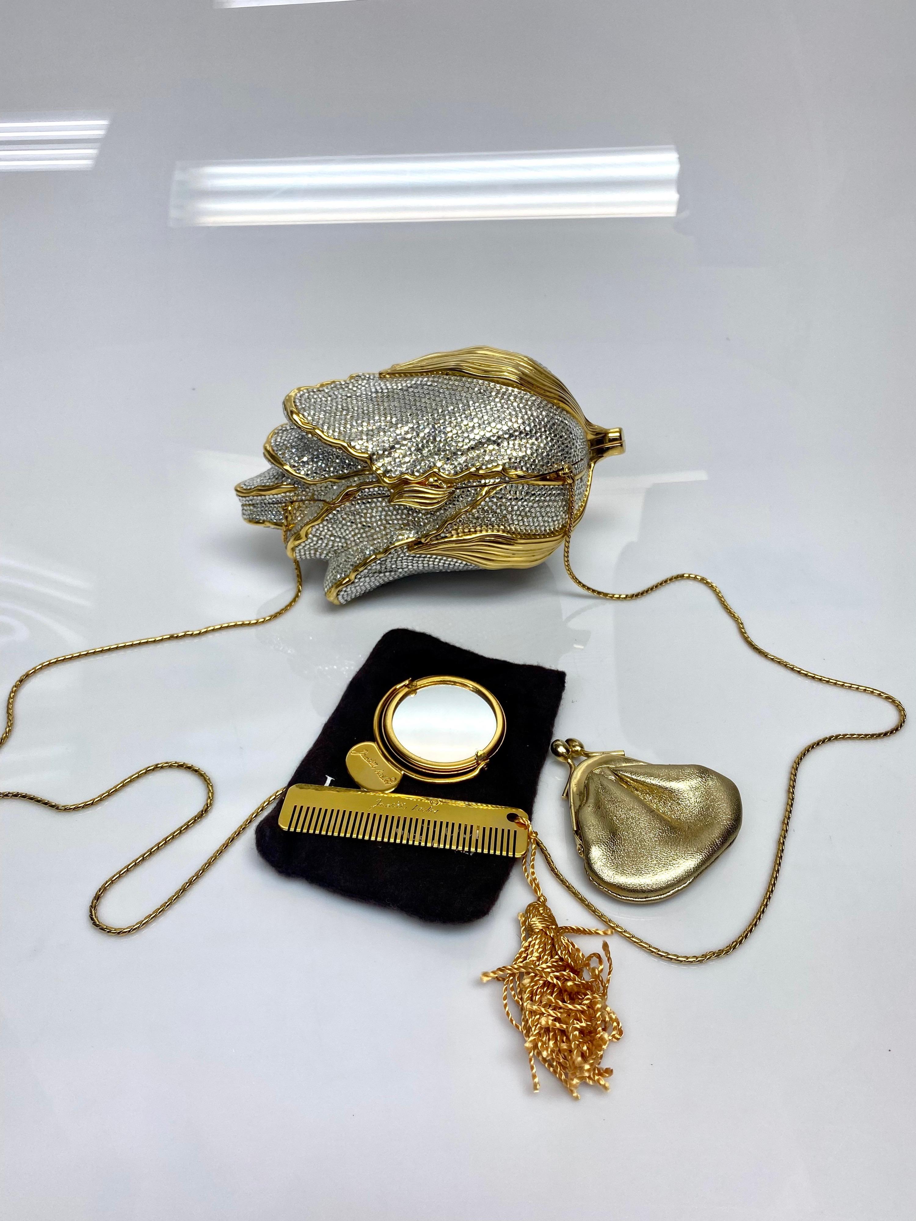 Judith Leiber Gold & Silver Rose Rhinestone Minaudiere Purse 6