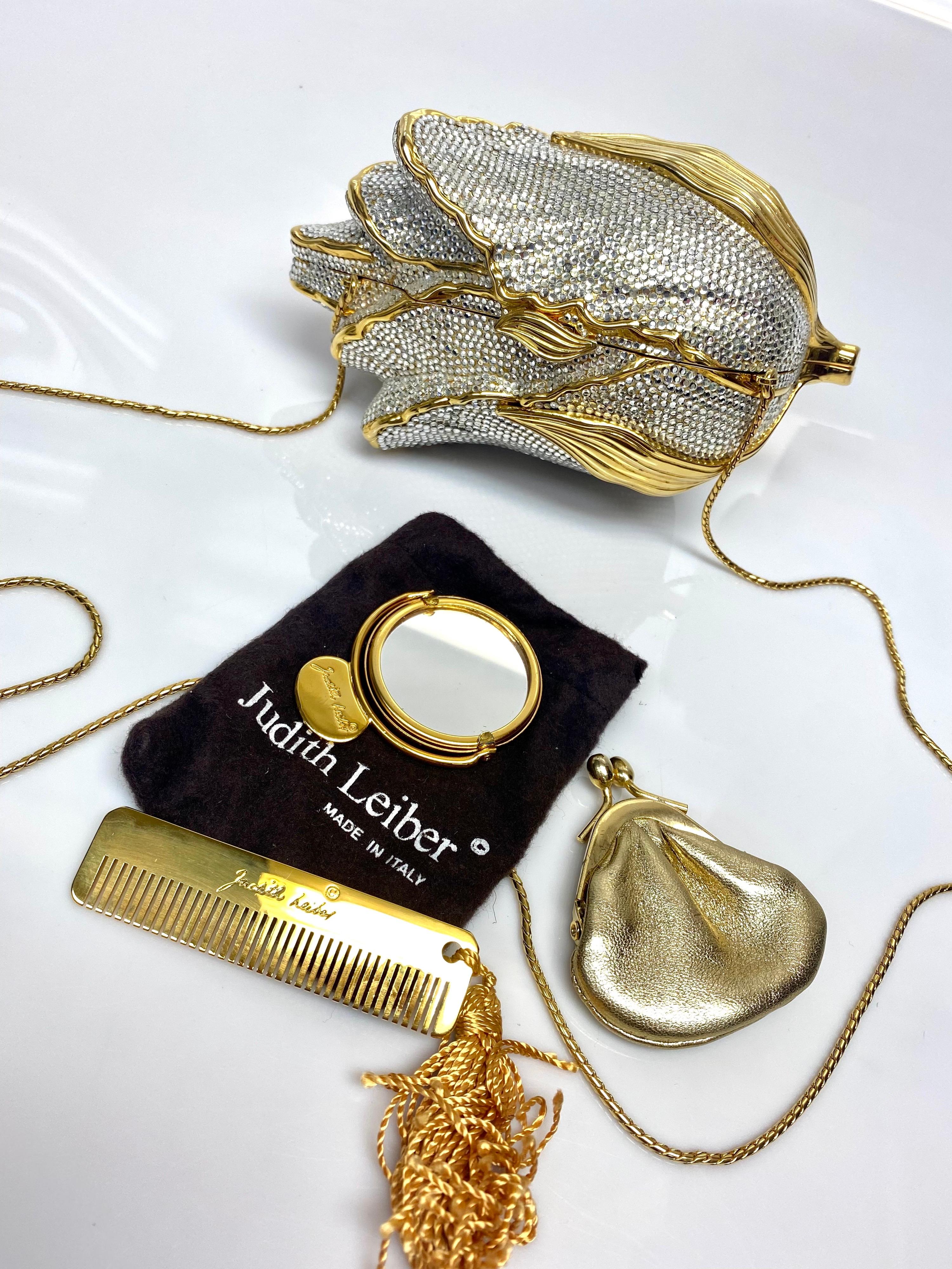 Judith Leiber Gold & Silver Rose Rhinestone Minaudiere Purse 7